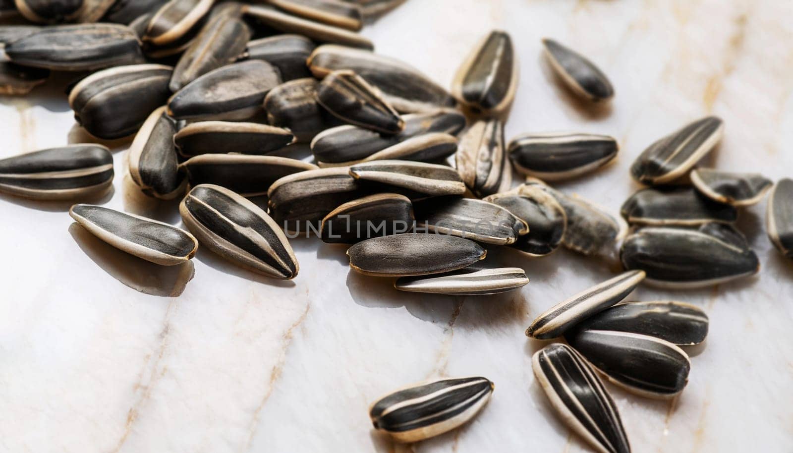 Sunflower seeds isolated. Raw scattered sunflower seed group, sun flower grains with shell, fresh edible oil seeds heap on white background top view