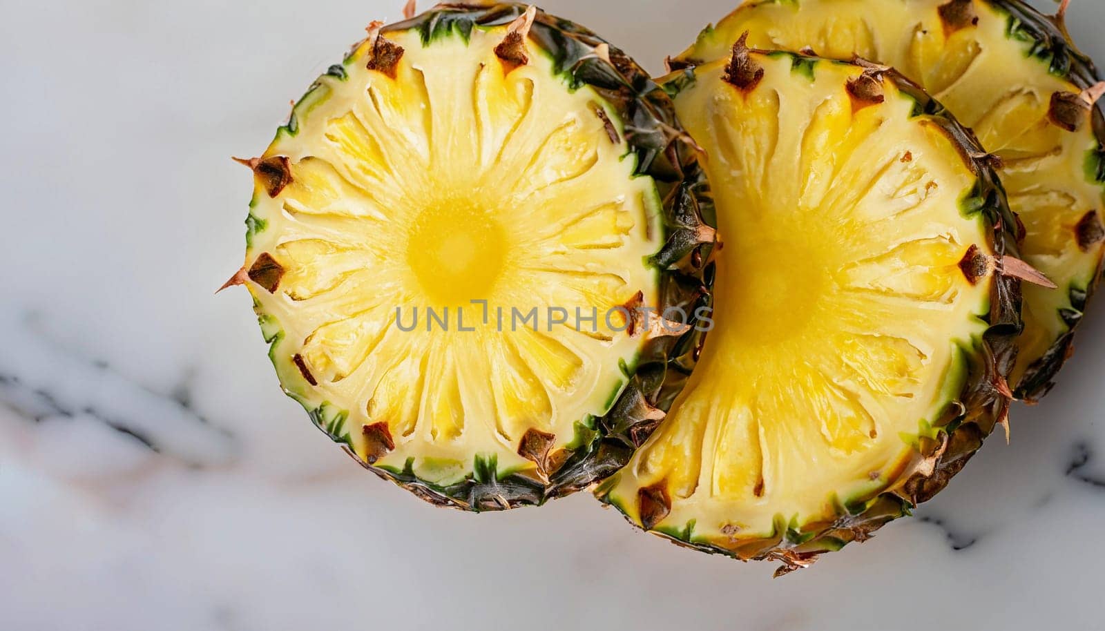 Delicious pineapple juice and fresh fruit on white marble table, flat lay