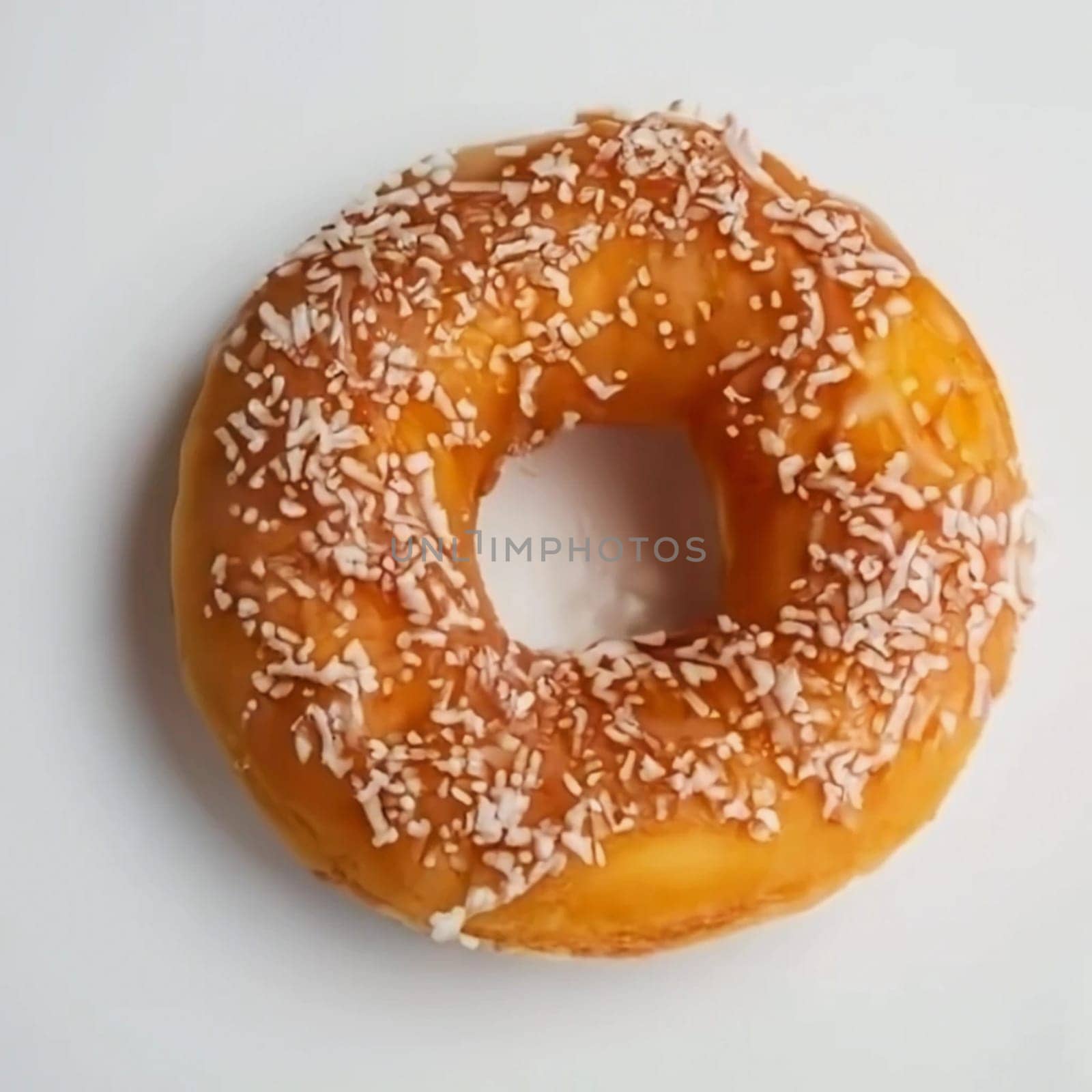 Donuts with powdered sugar on white plate over light stone background. Top view, flat lay