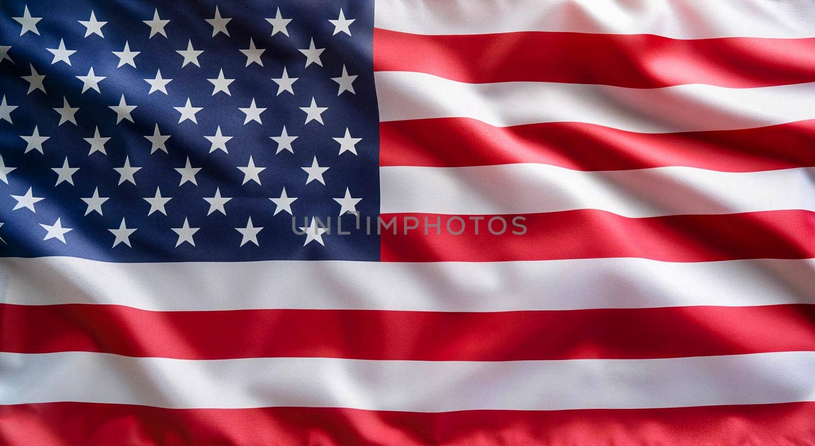 Closeup of ruffled American flag. the flag of the United States of America with pleats with visible satin texture