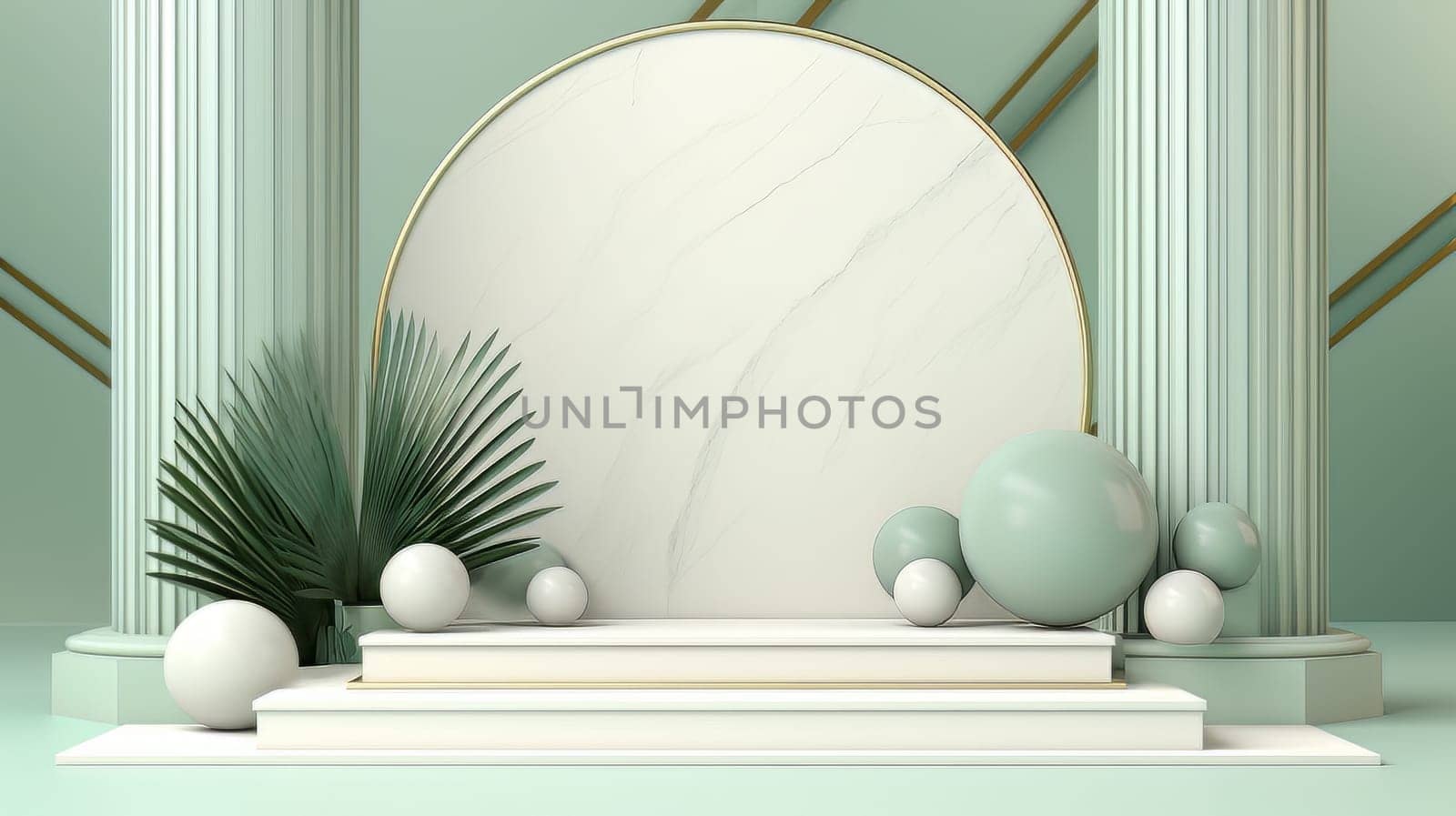 Green Abstract 3D Elegant Podium Stage. Modern 3D Rendered Room with geometric shapes, cosmetic product display stage. generative AI