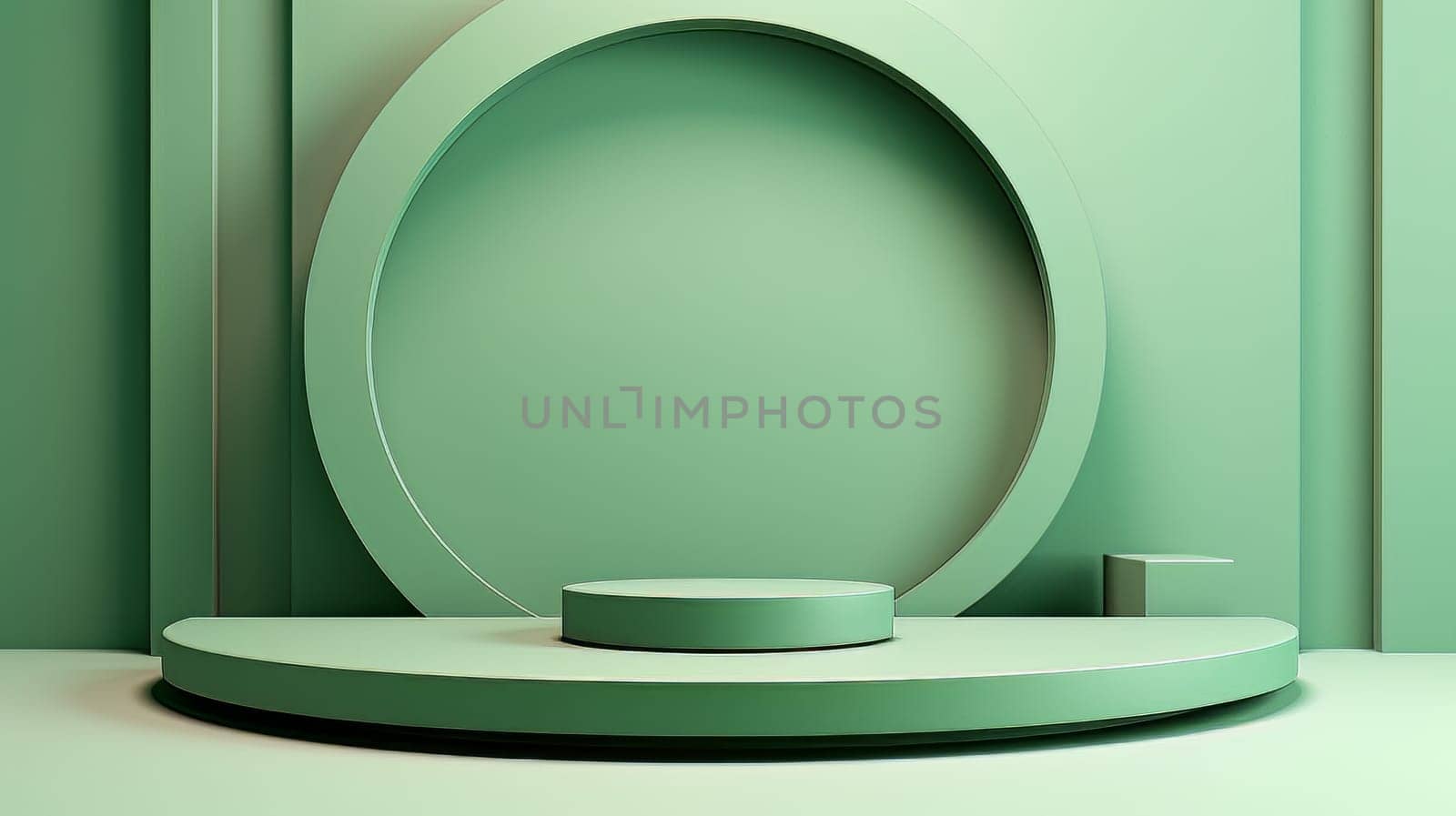 Green Abstract 3D Elegant Podium Stage. Modern 3D Rendered Room with geometric shapes, cosmetic product display stage. generative AI