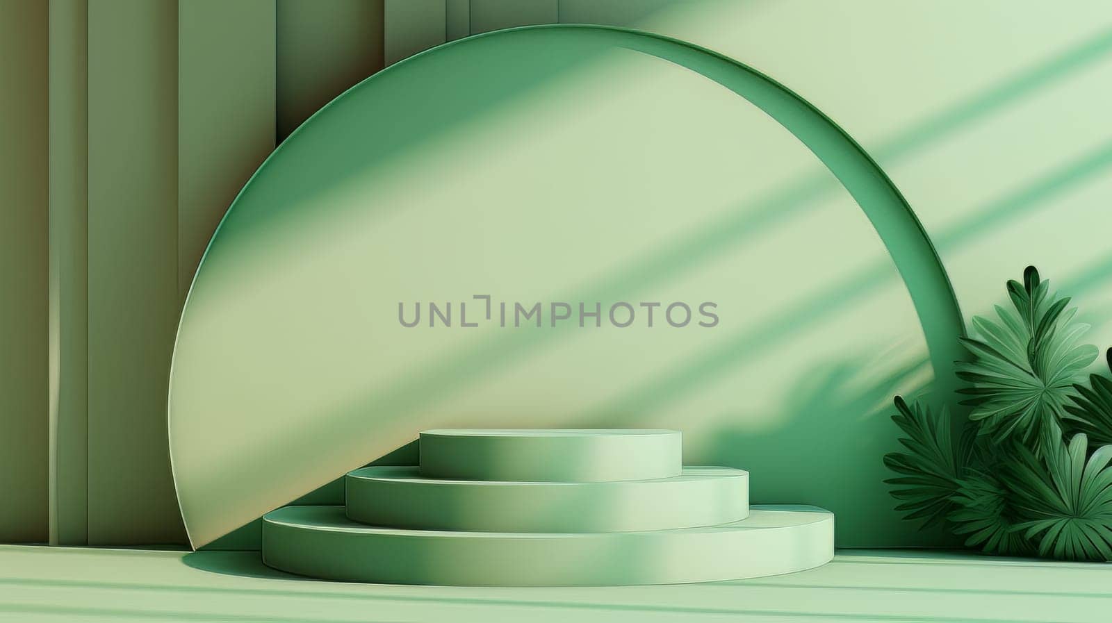 Green Abstract 3D Elegant Podium Stage. Modern 3D Rendered Room with geometric shapes, cosmetic product display stage. generative AI