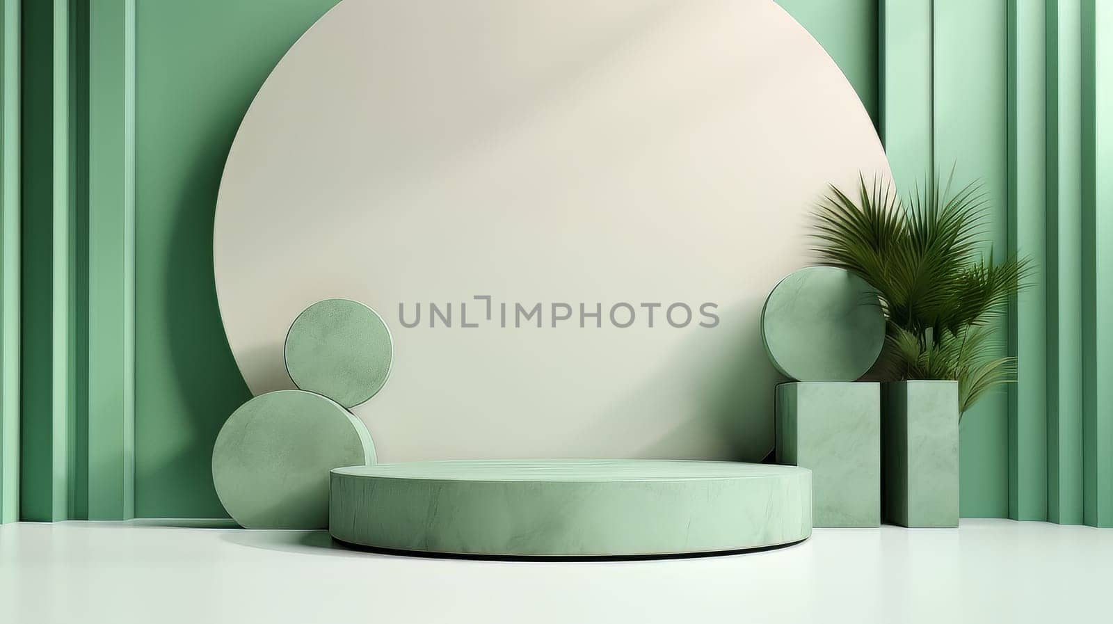 Green Abstract 3D Elegant Podium Stage. Modern 3D Rendered Room with geometric shapes, cosmetic product display stage. generative AI