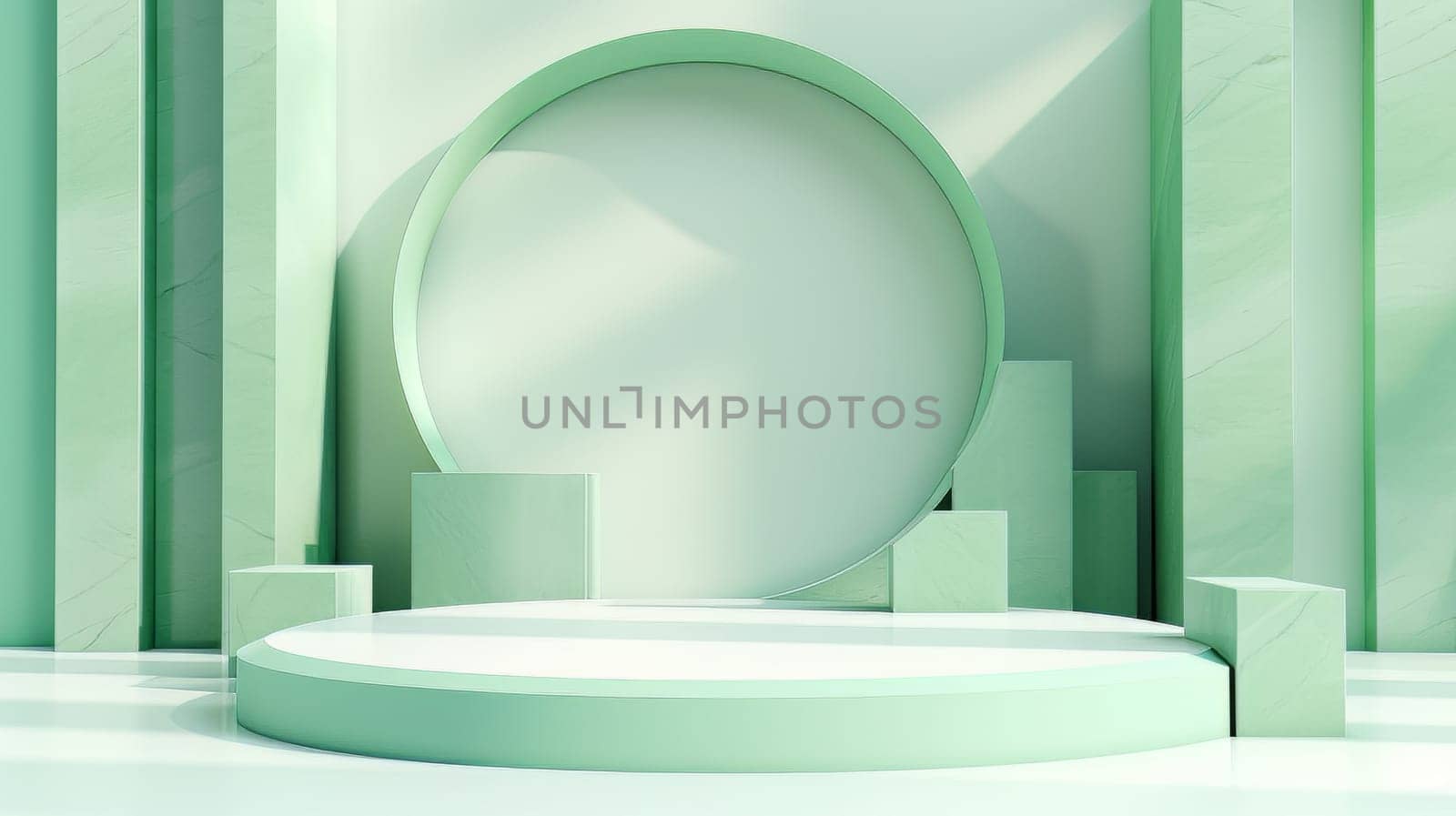 Green Abstract 3D Elegant Podium Stage. Modern 3D Rendered Room with geometric shapes, cosmetic product display stage. generative AI