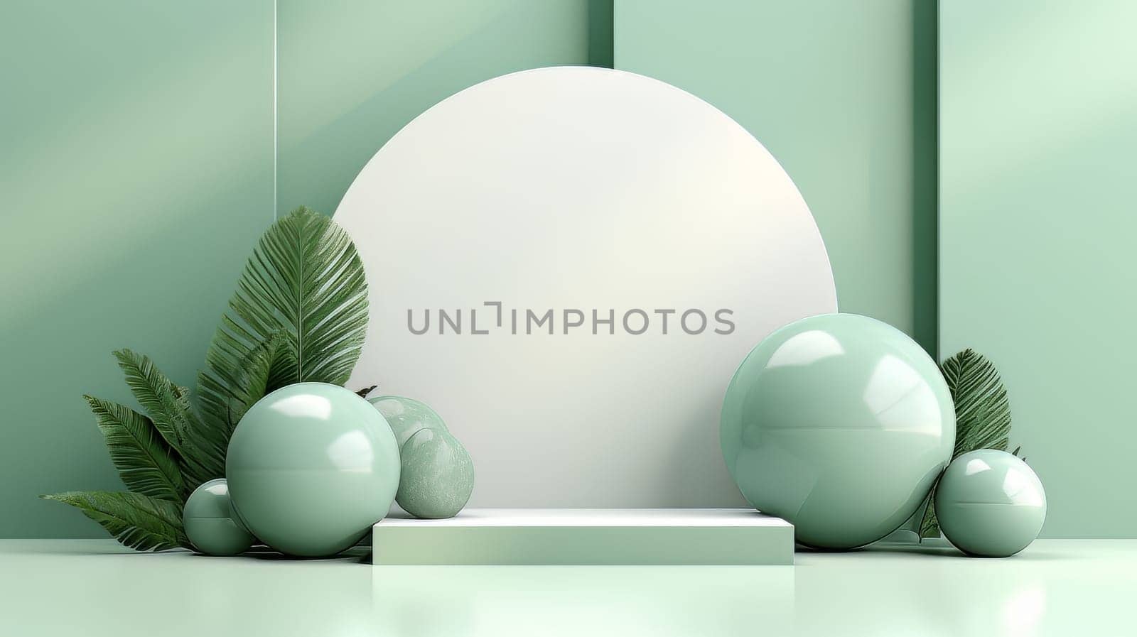 Green Abstract 3D Elegant Podium Stage. Modern 3D Rendered Room with geometric shapes, cosmetic product display stage. generative AI