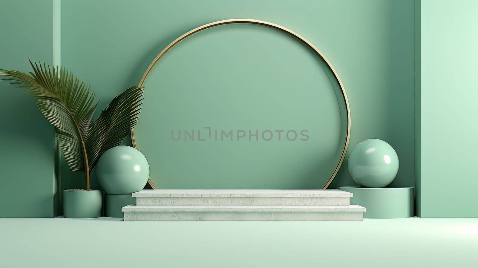 Green Abstract 3D Elegant Podium Stage. Modern 3D Rendered Room with geometric shapes, cosmetic product display stage. generative AI