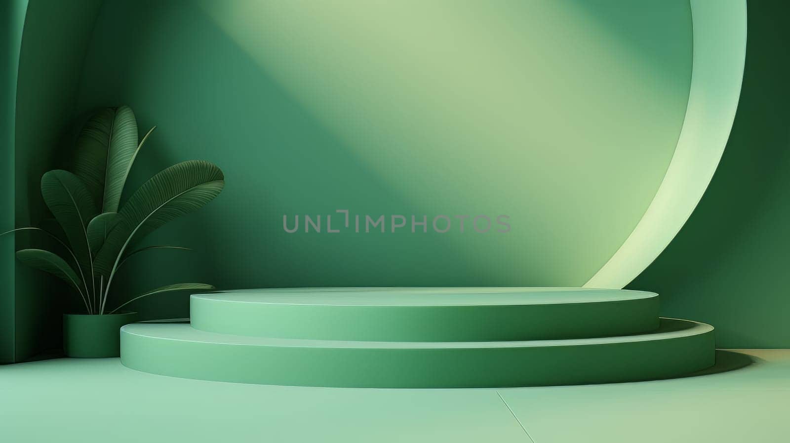 Green Abstract 3D Elegant Podium Stage. Modern 3D Rendered Room with geometric shapes, cosmetic product display stage. generative AI