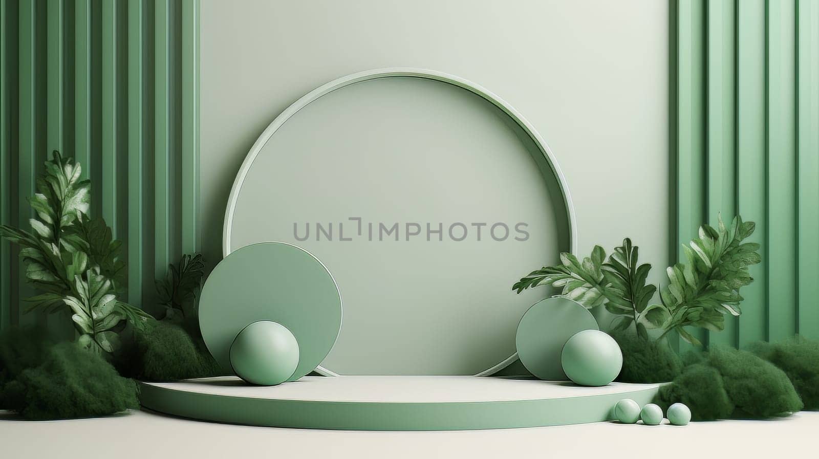 Green Abstract 3D Elegant Podium Stage. Modern 3D Rendered Room with geometric shapes, cosmetic product display stage. generative AI