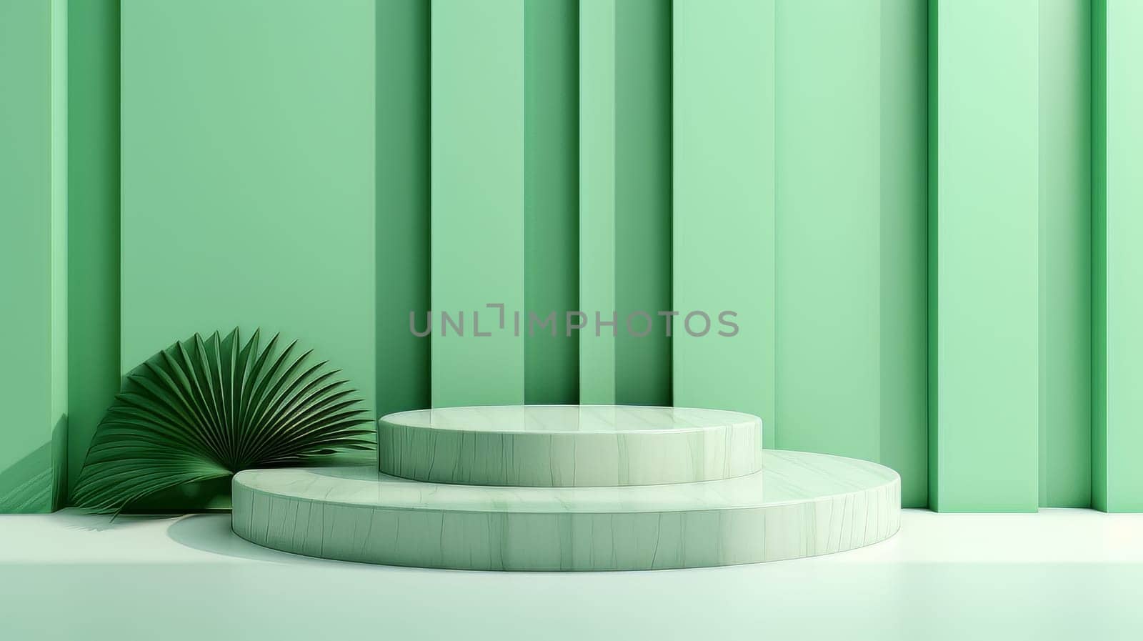 Green Abstract 3D Elegant Podium Stage. Modern 3D Rendered Room with geometric shapes, cosmetic product display stage. generative AI