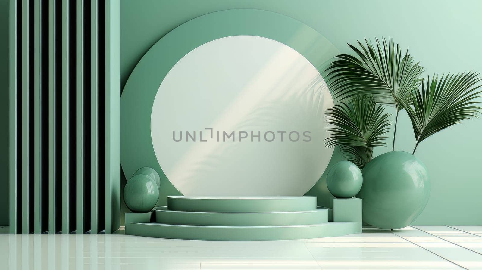 Abstract minimalistic monochrome scene with geometric shapes. Green 3D visualization AI by but_photo
