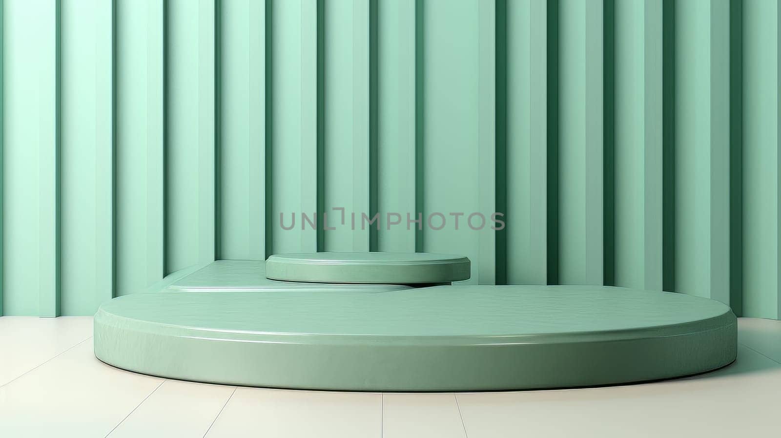 Green Abstract 3D Elegant Podium Stage. Modern 3D Rendered Room with geometric shapes, cosmetic product display stage. generative AI