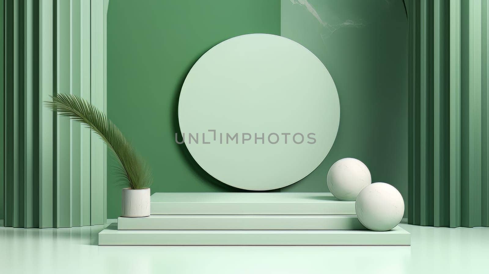 Abstract minimalistic monochrome scene with geometric shapes. Green 3D visualization AI by but_photo