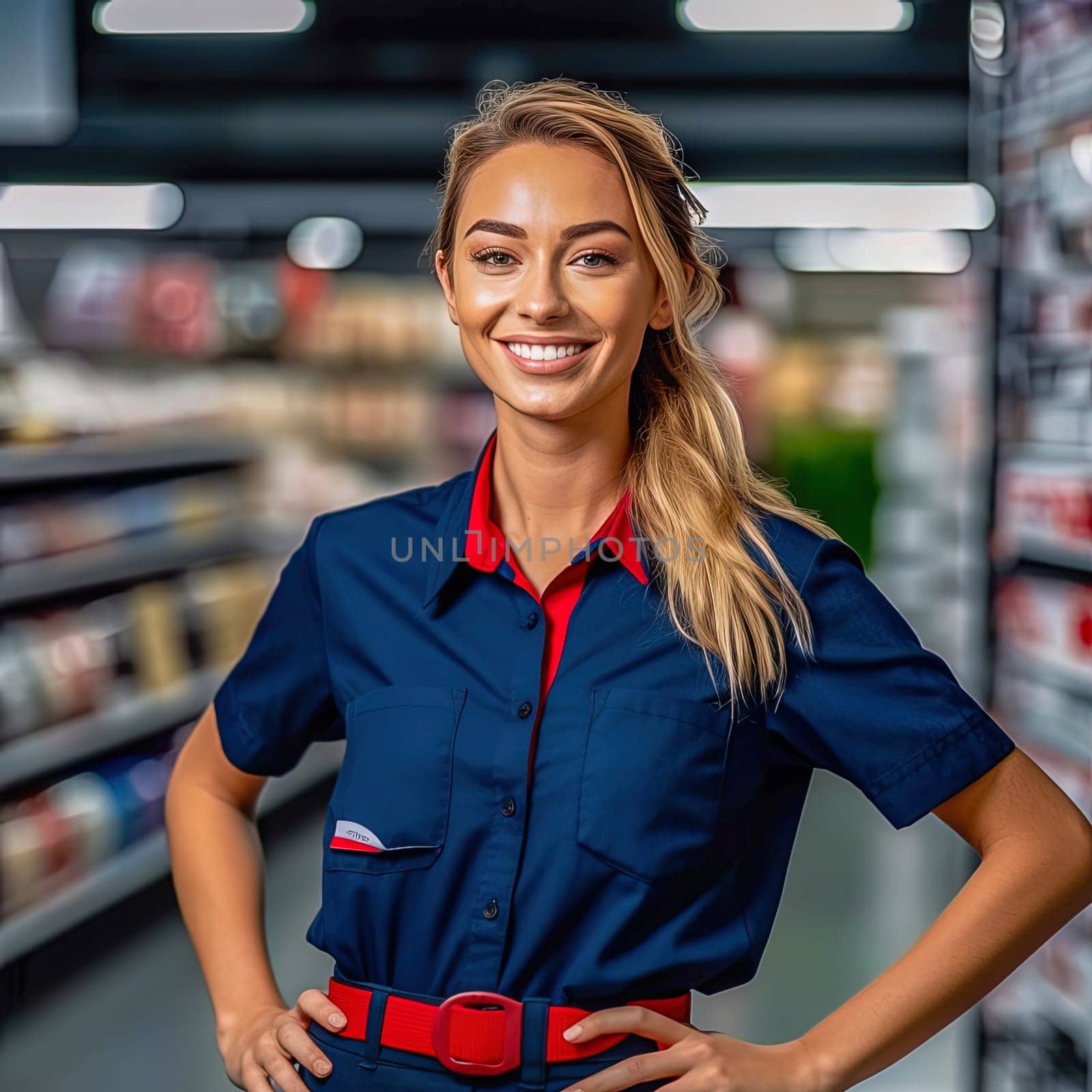 Portrait of a happy girl seller in a store. High quality photo
