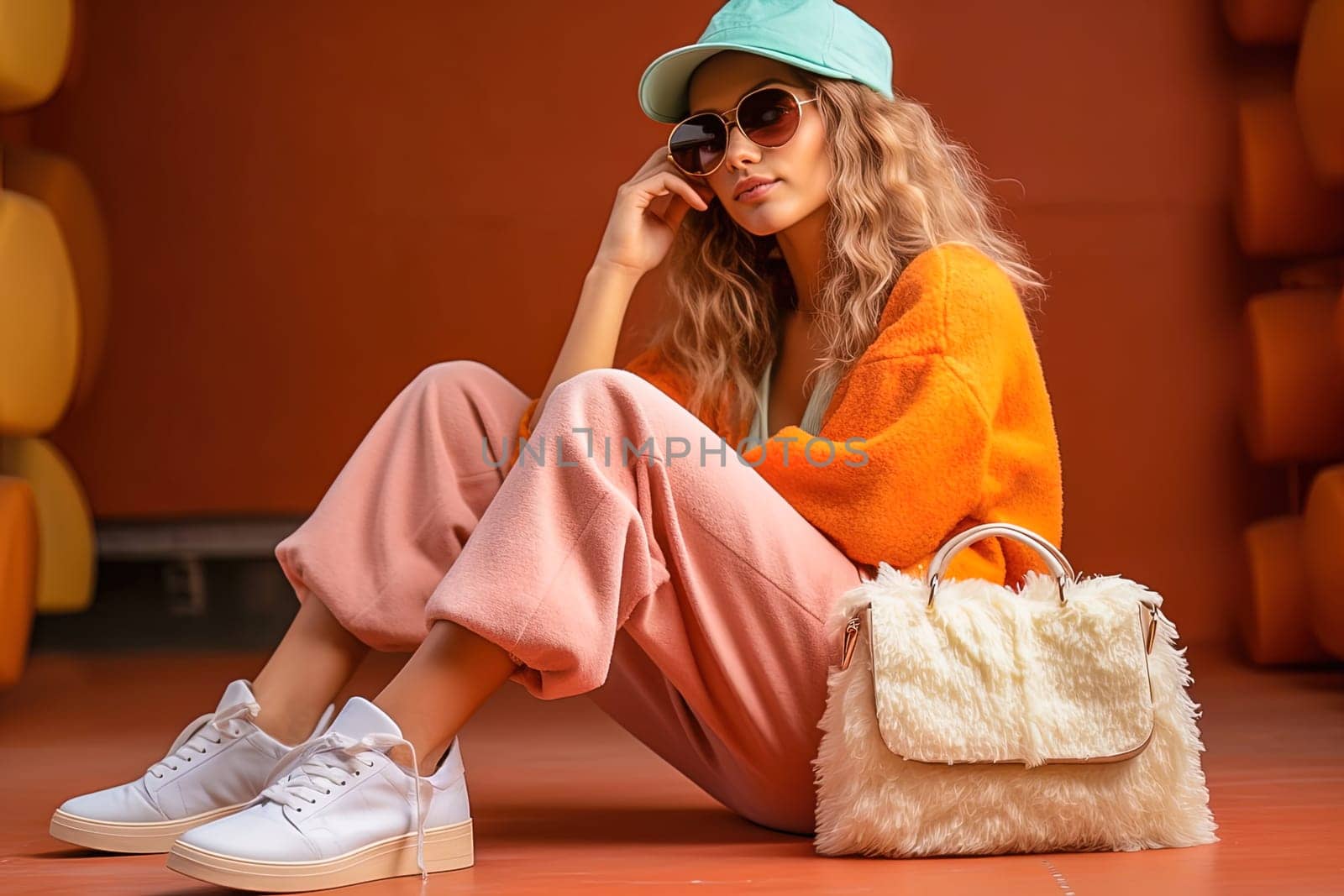 Fashionable girl posing sitting on the floor in the studio in fashionable clothes with a handbag. High quality photo