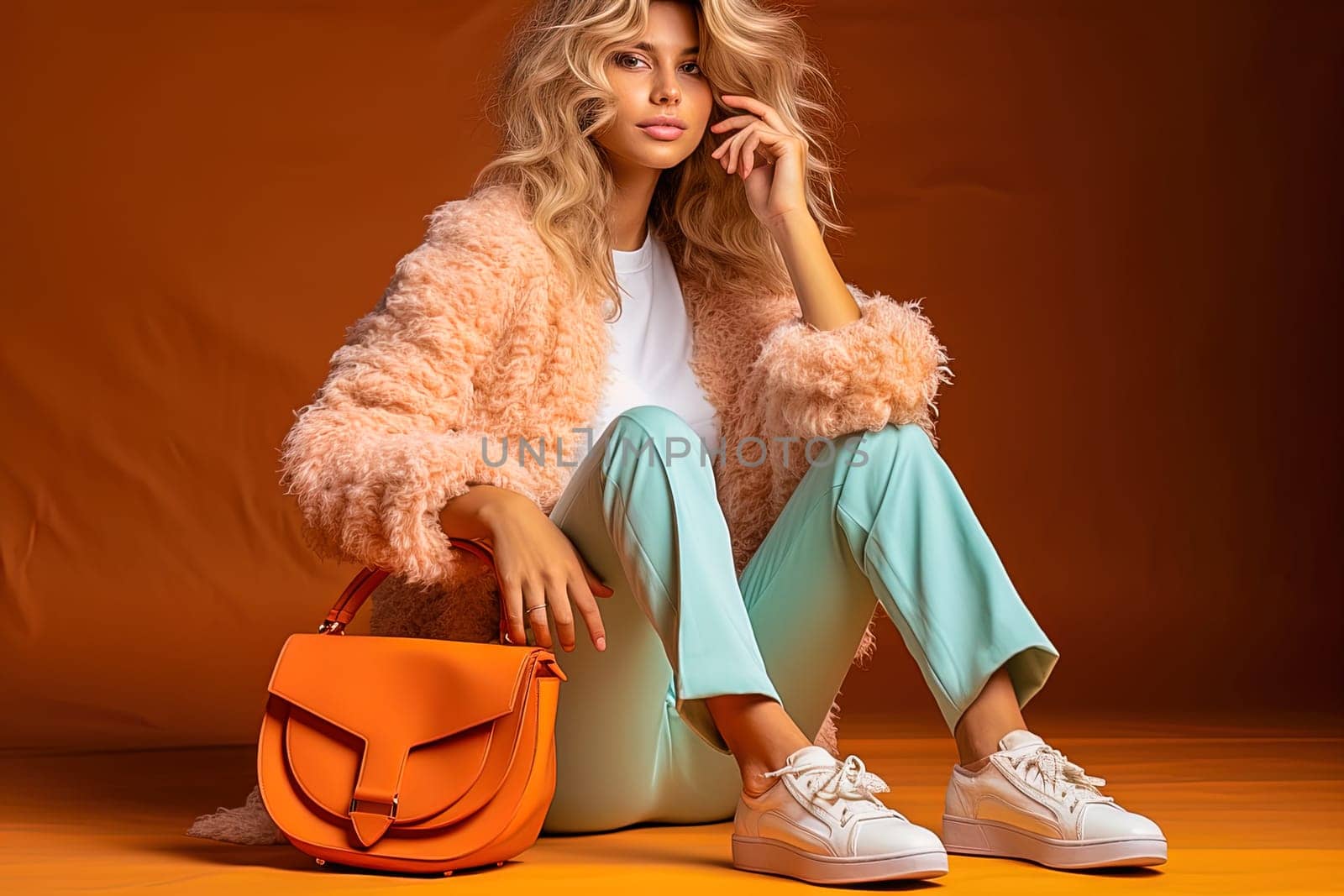 Fashionable girl posing sitting on the floor in the studio in fashionable clothes with a handbag. High quality photo