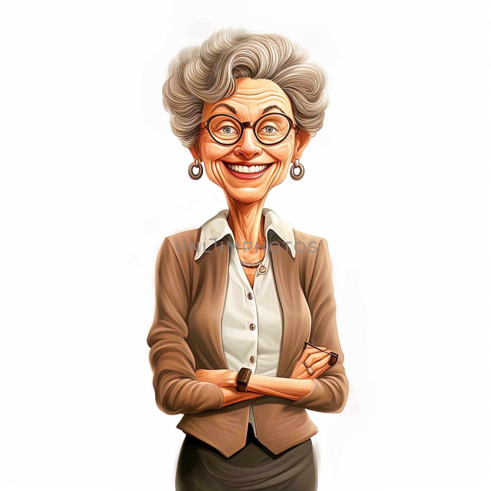 Illustration of a cheerful, mature, thin primary school teacher. The concept of school education. High quality illustration
