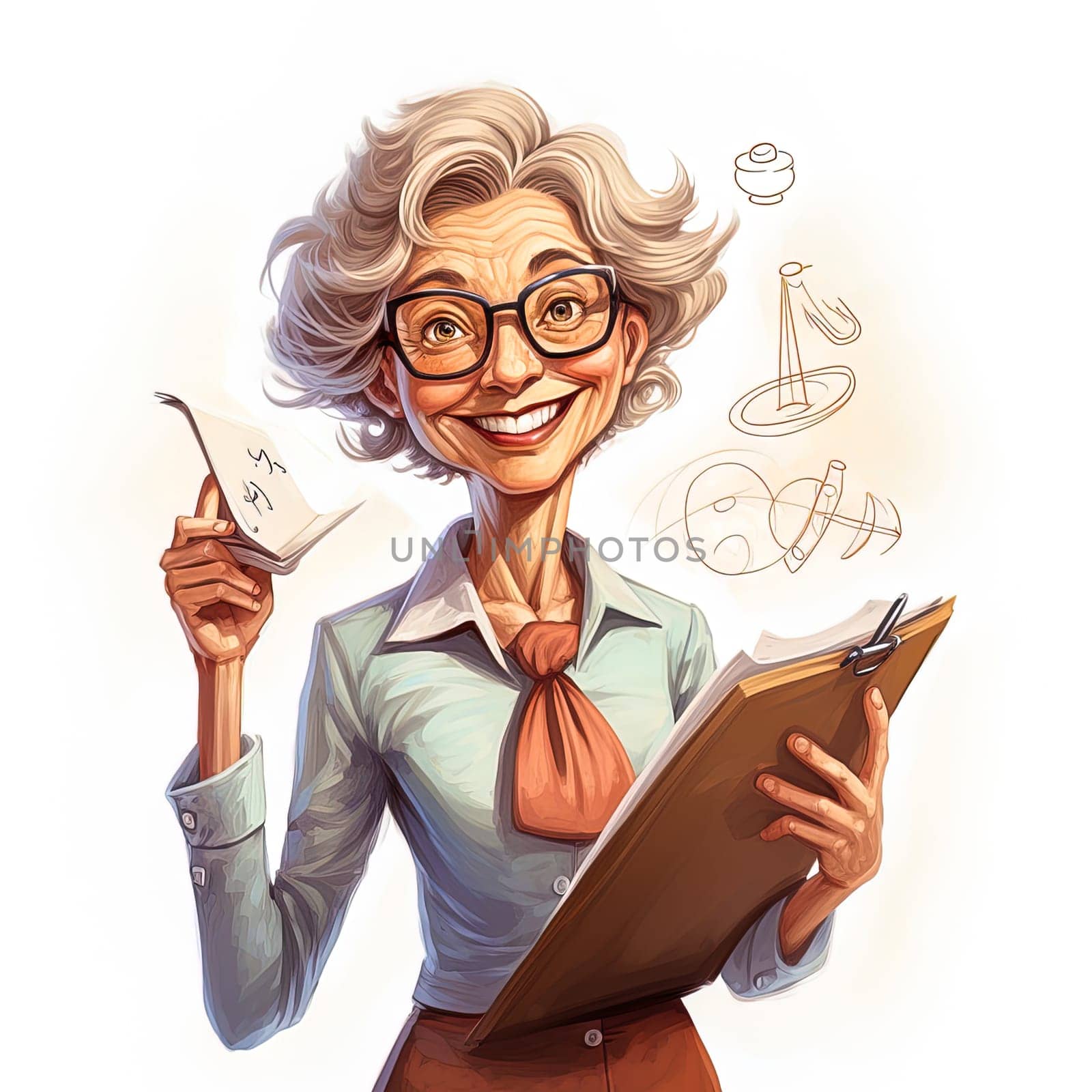 Illustration of a cheerful, mature, thin primary school teacher. The concept of school education. High quality illustration