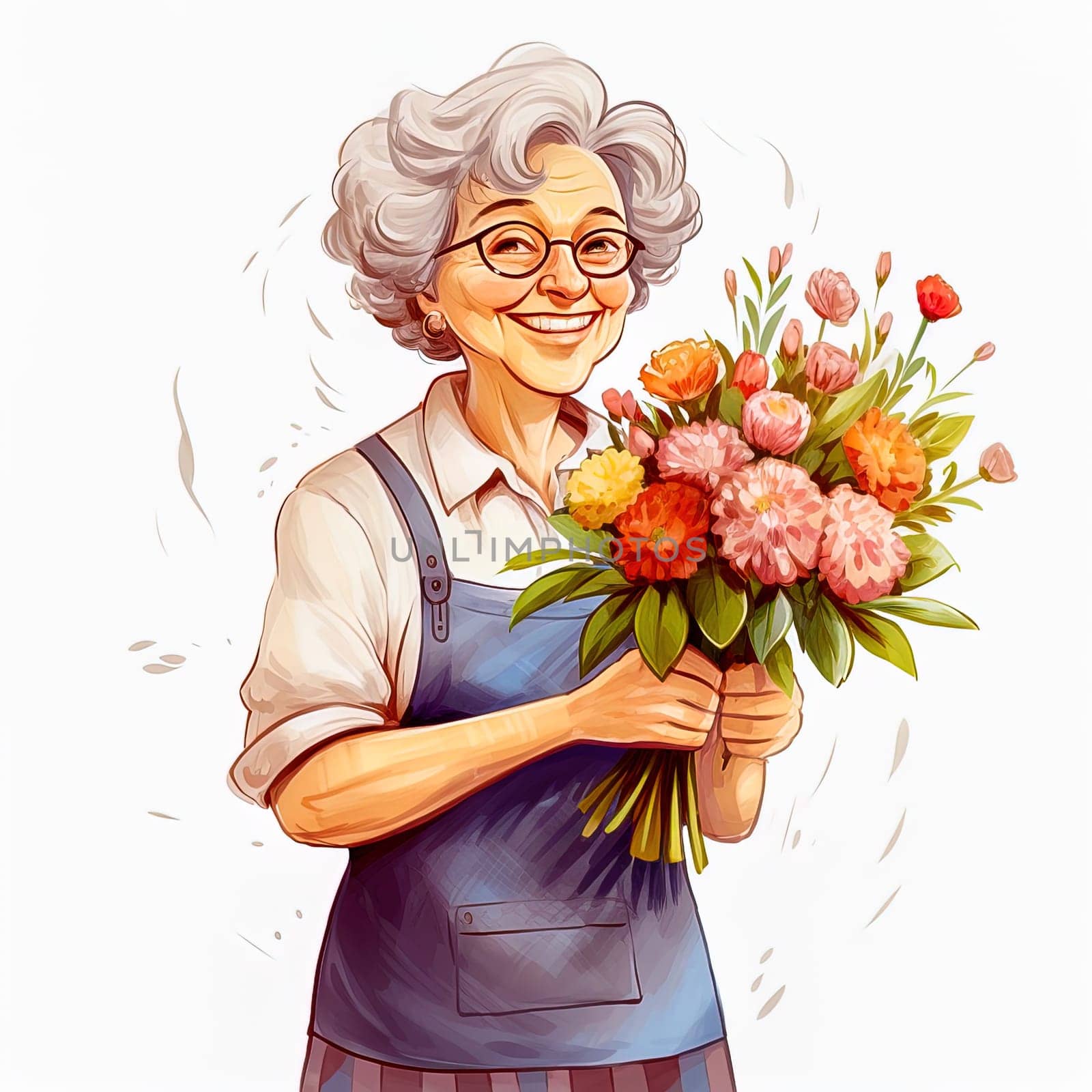 Illustration of an adult female primary school teacher with a bouquet of flowers. by Yurich32