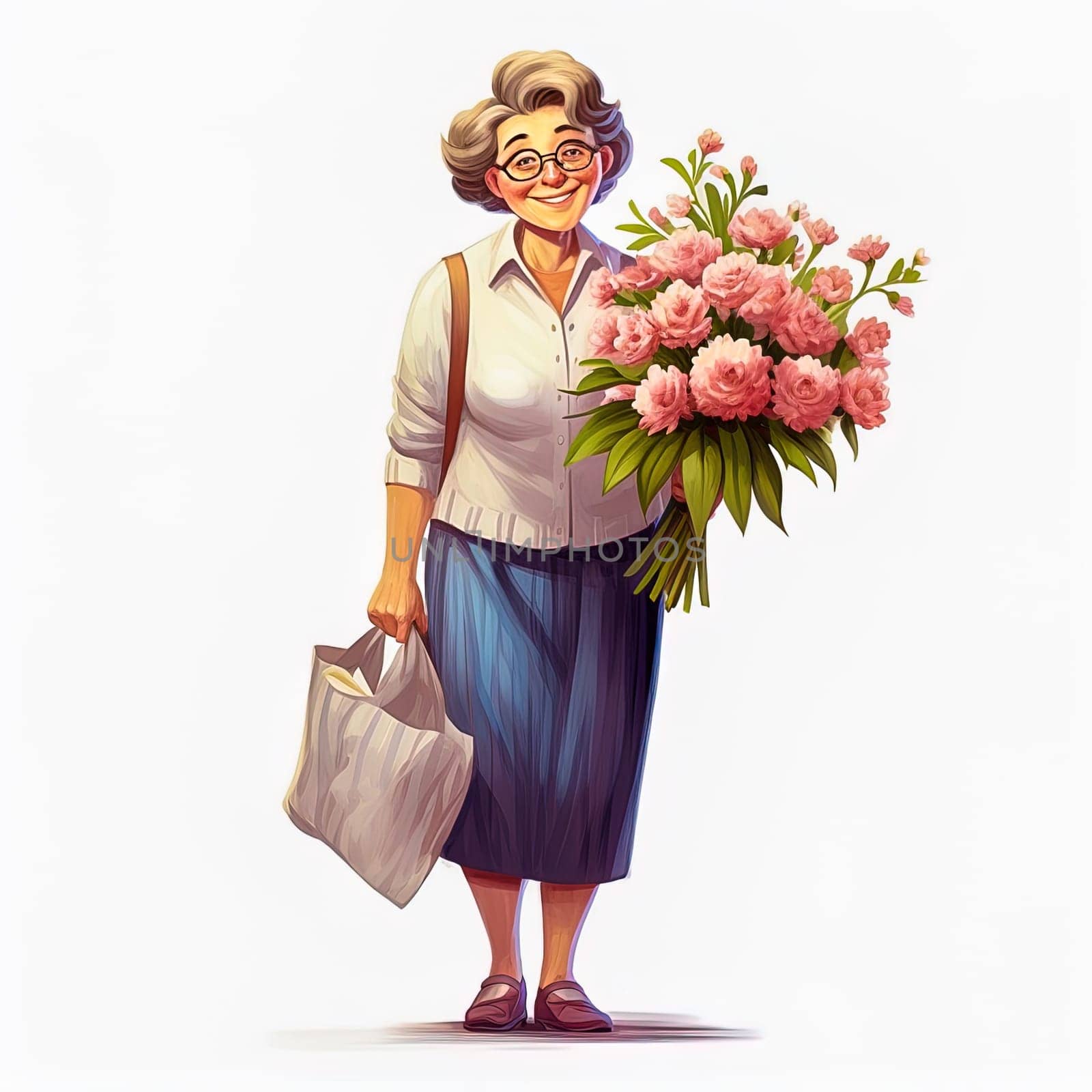 Illustration of an adult female primary school teacher with a bouquet of flowers. by Yurich32