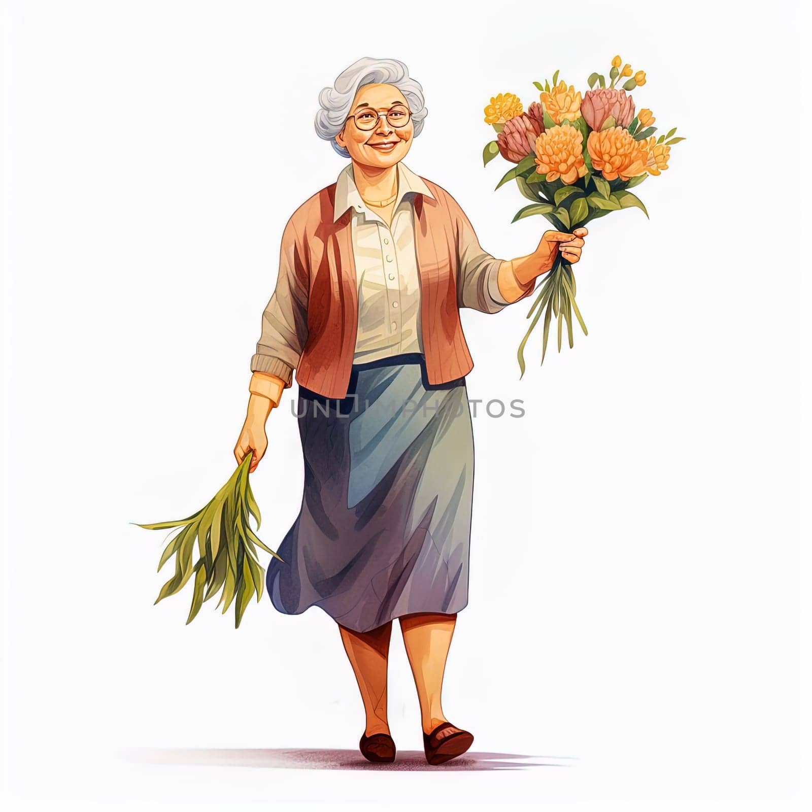 Illustration of an adult female primary school teacher with a bouquet of flowers. High quality illustration