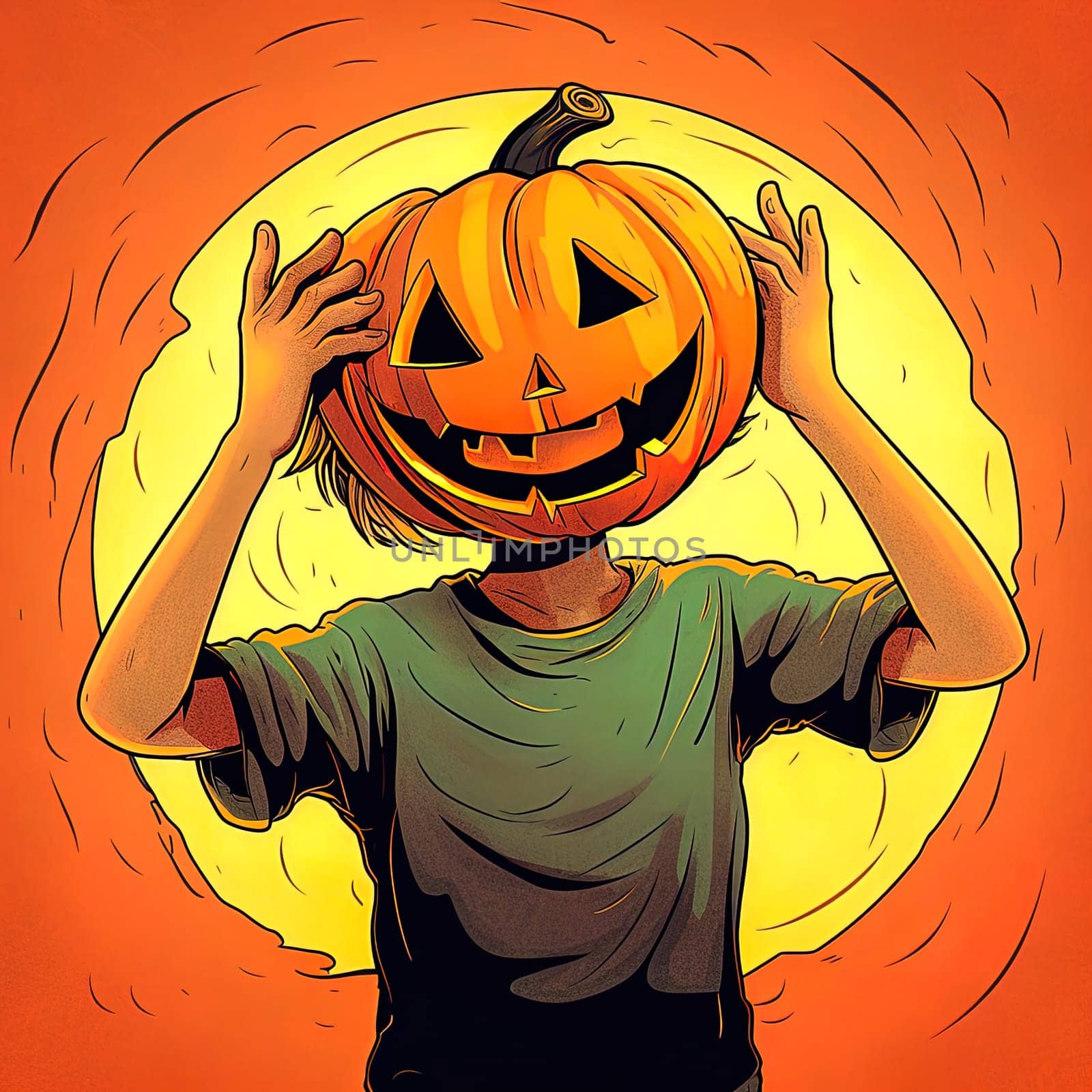 Illustration of a man, instead of a head a pumpkin. Halloween holiday concept. by Yurich32