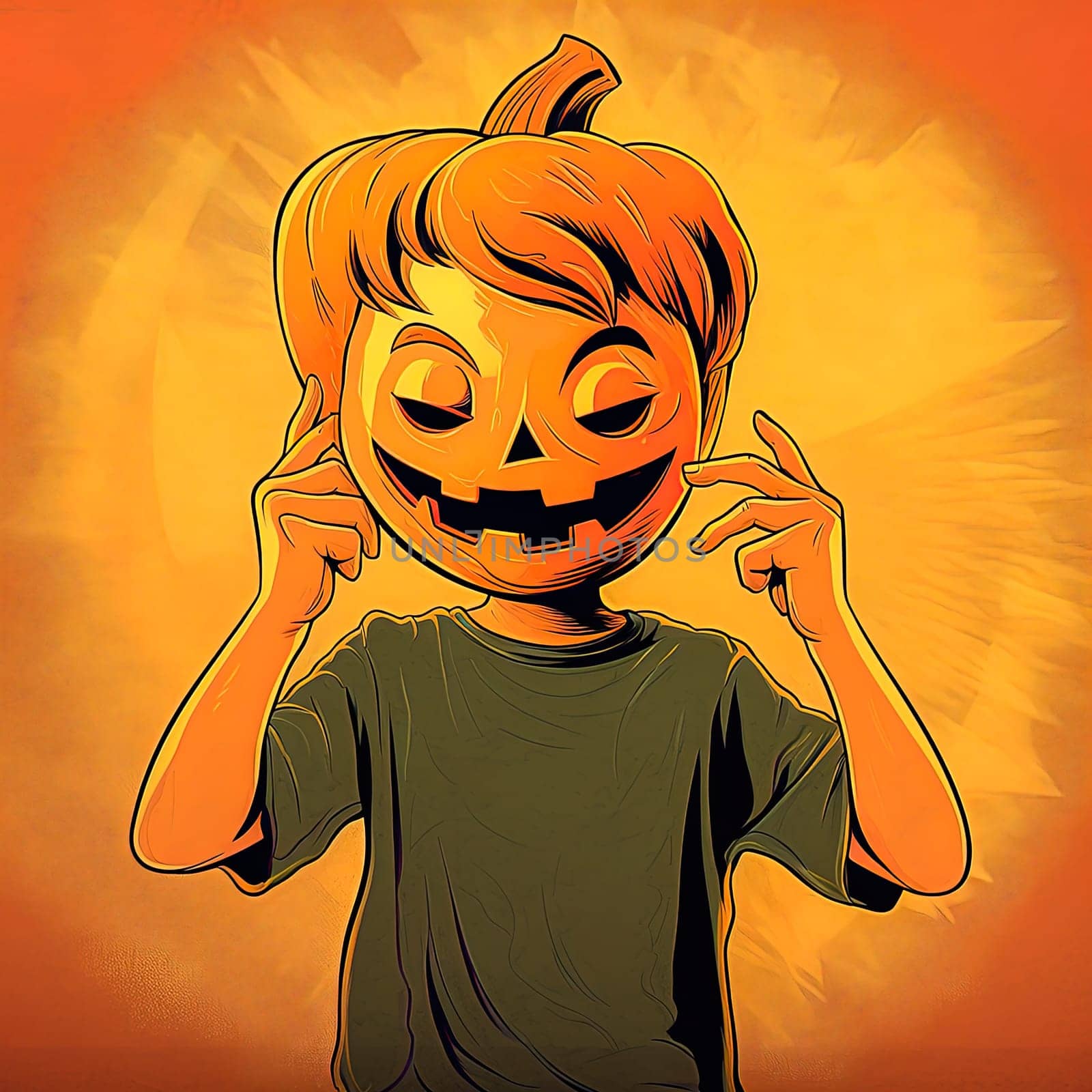 Illustration of a man, instead of a head a pumpkin. Halloween holiday concept. High quality illustration