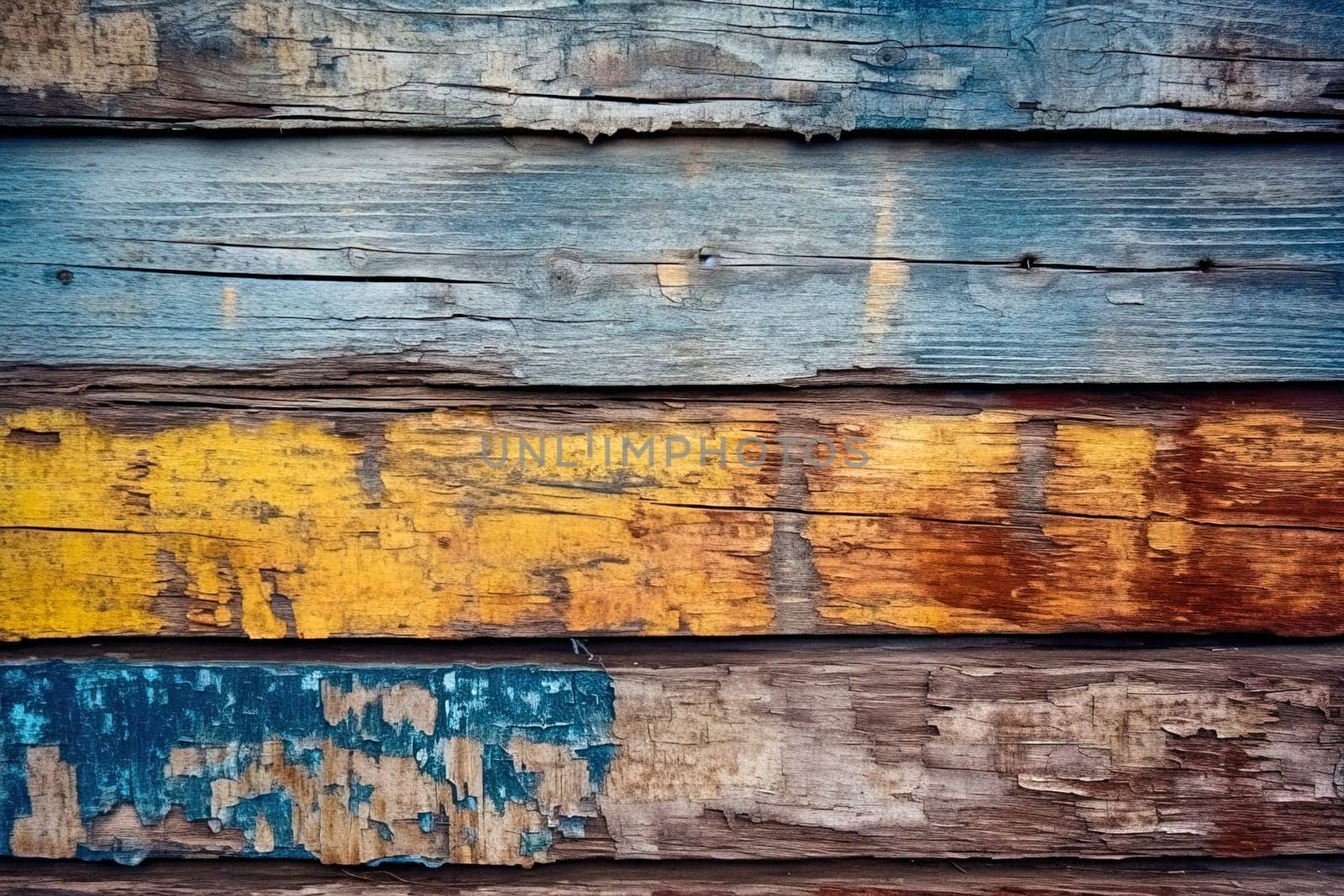 Texture of vintage wooden boards with cracked yellow and blue paint. by Yurich32