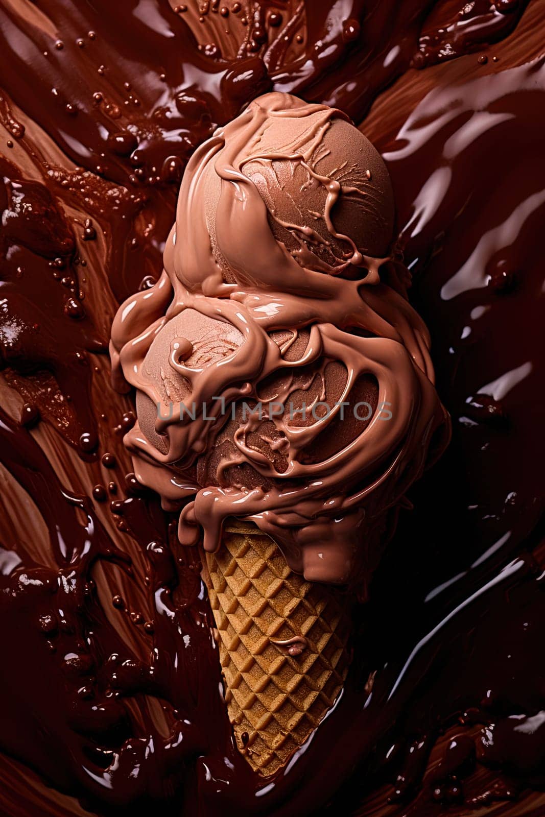 Chocolate ice cream in a waffle cup on the background of hot chocolate. High quality photo