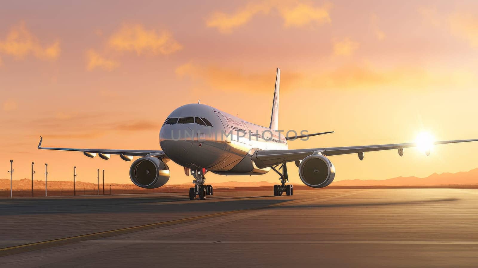 White Civil aviation aircraft on the runway in the rays of the sun. generative AI