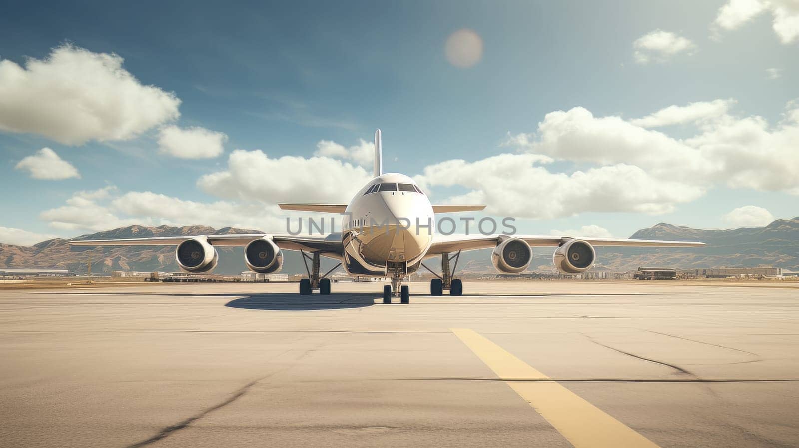 White Civil aviation aircraft on the runway in the rays of the sun. generative AI