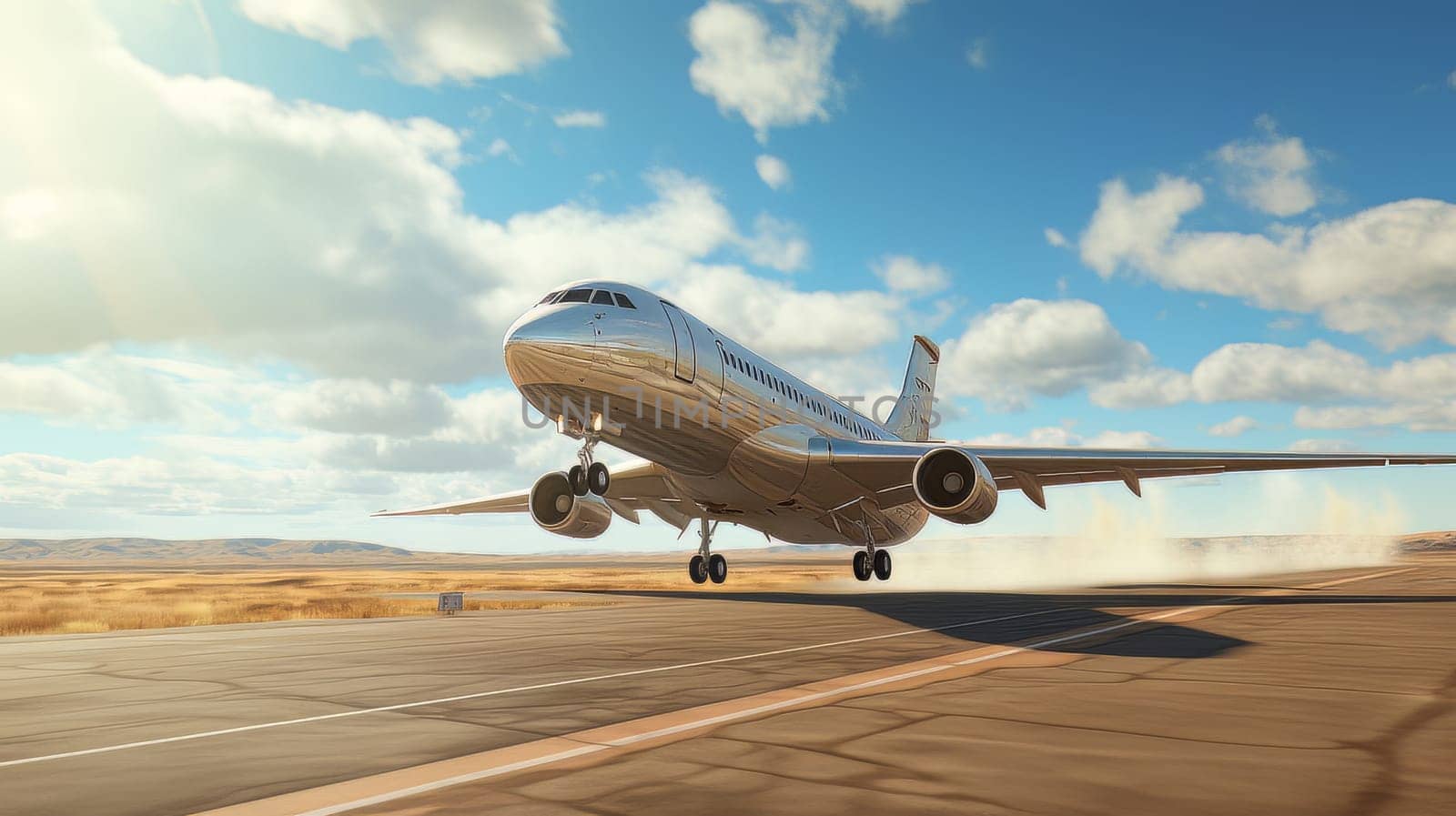 White Civil aviation aircraft on the runway in the rays of the sun. generative AI