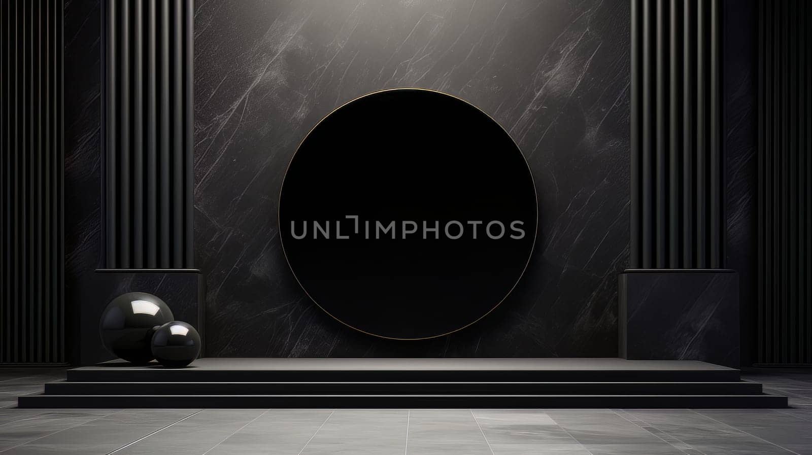 Abstract minimalistic monochrome scene with geometric shapes. Black 3D visualization AI by but_photo