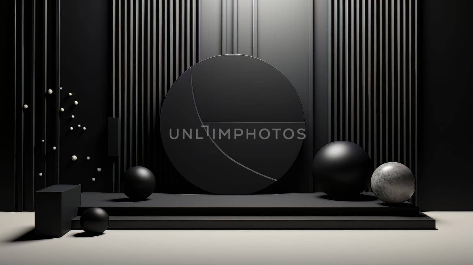 Abstract minimalistic monochrome scene with geometric shapes. Black 3D visualization AI by but_photo
