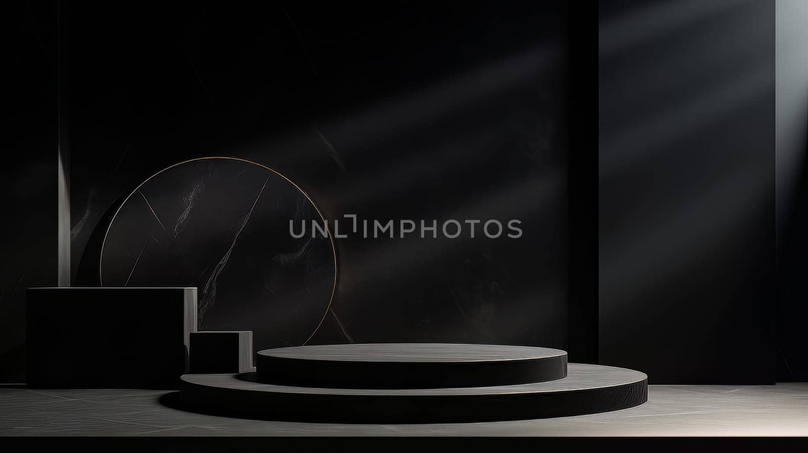 Black Abstract 3D Elegant Podium Stage. Modern 3D Rendered Room with geometric shapes, cosmetic product display stage. generative AI