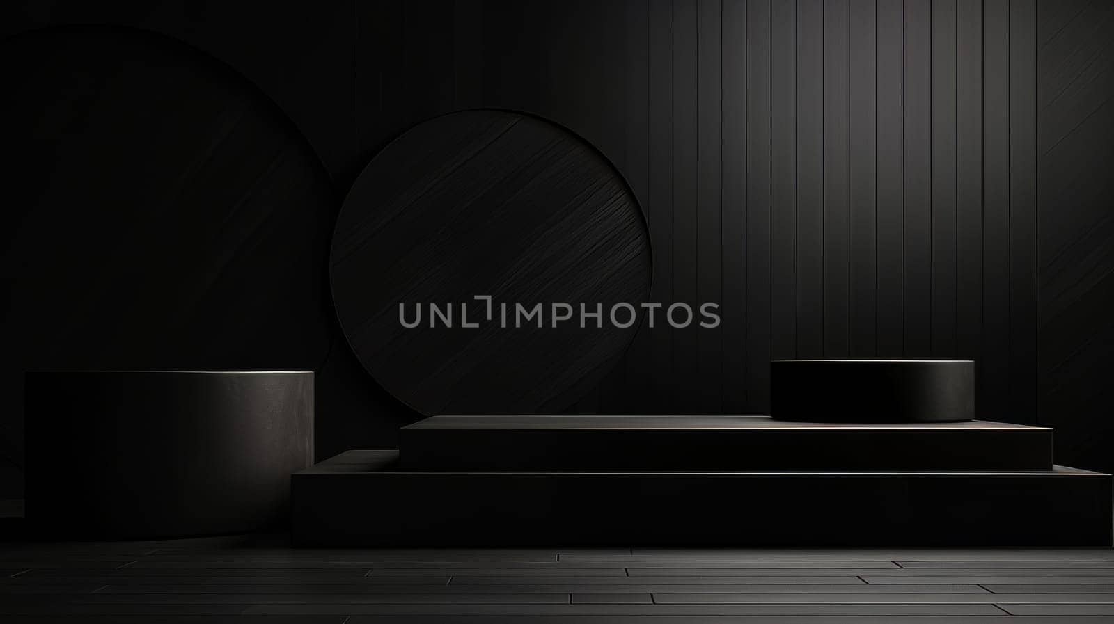 Abstract minimalistic monochrome scene with geometric shapes. Black 3D visualization AI by but_photo