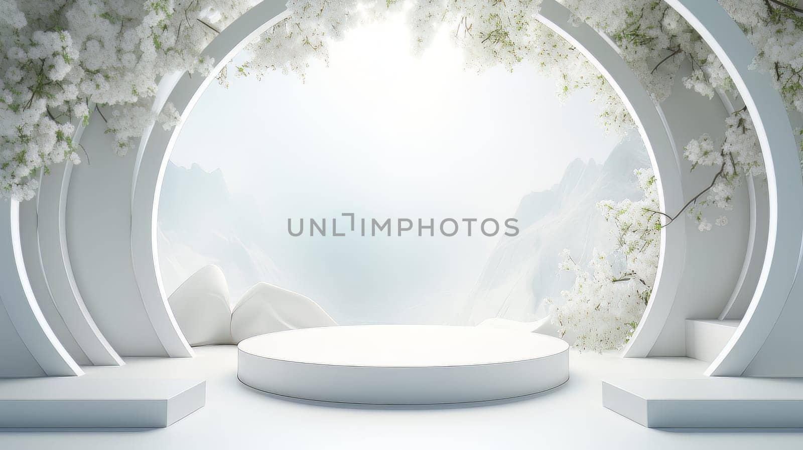 Abstract minimalistic monochrome scene with geometric shapes. White 3D visualization AI by but_photo