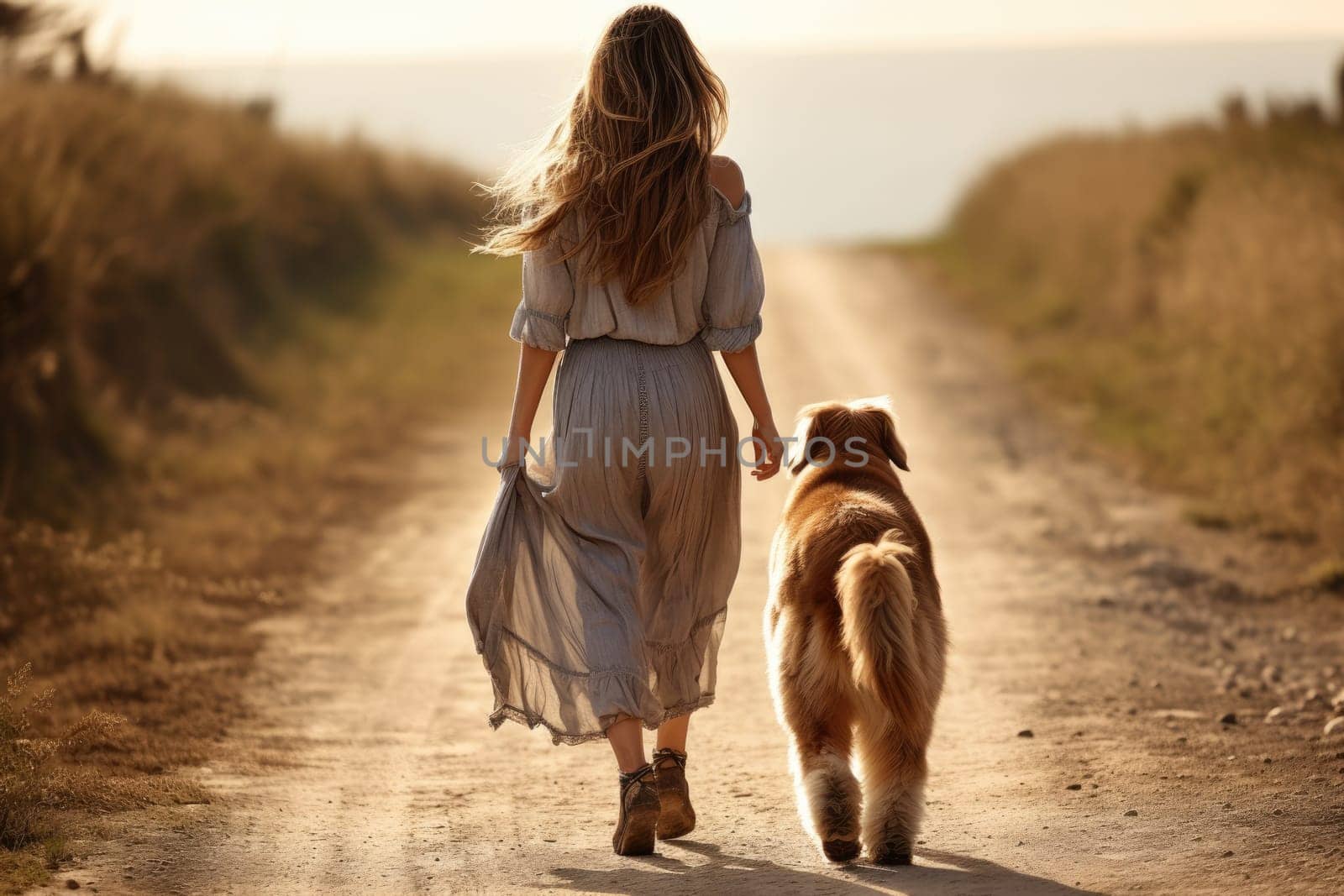 young woman walking her dog on country road in autumn day, sun shines, soft focus, AI Generated