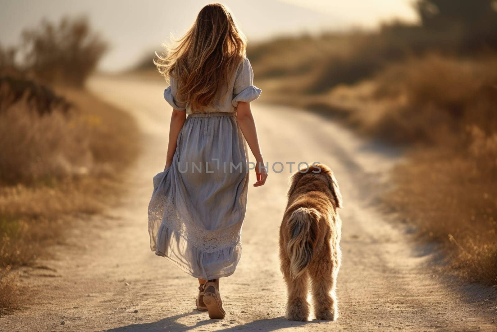 young woman walking her dog on country road in autumn day, sun shines, soft focus, AI Generated