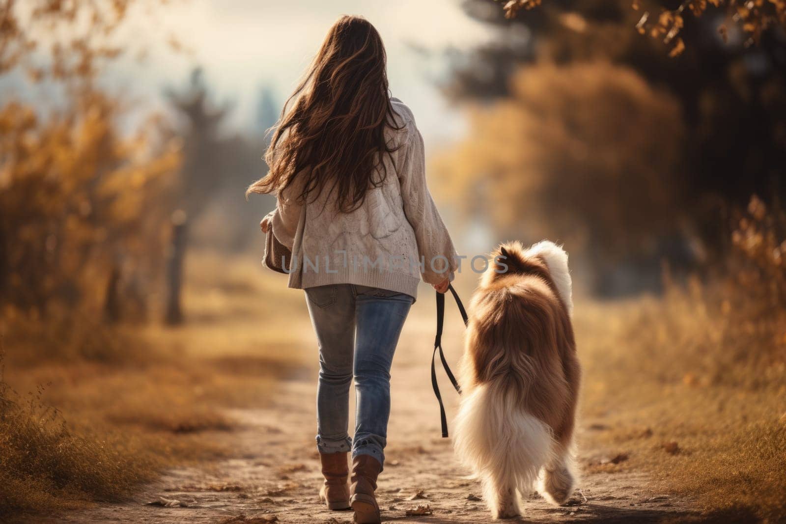 young woman walking her dog on country road in autumn day, sun shines, soft focus, AI Generated