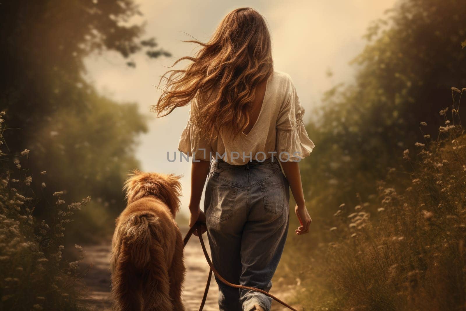 young woman walking her dog on country road in autumn day, sun shines, soft focus, AI Generated