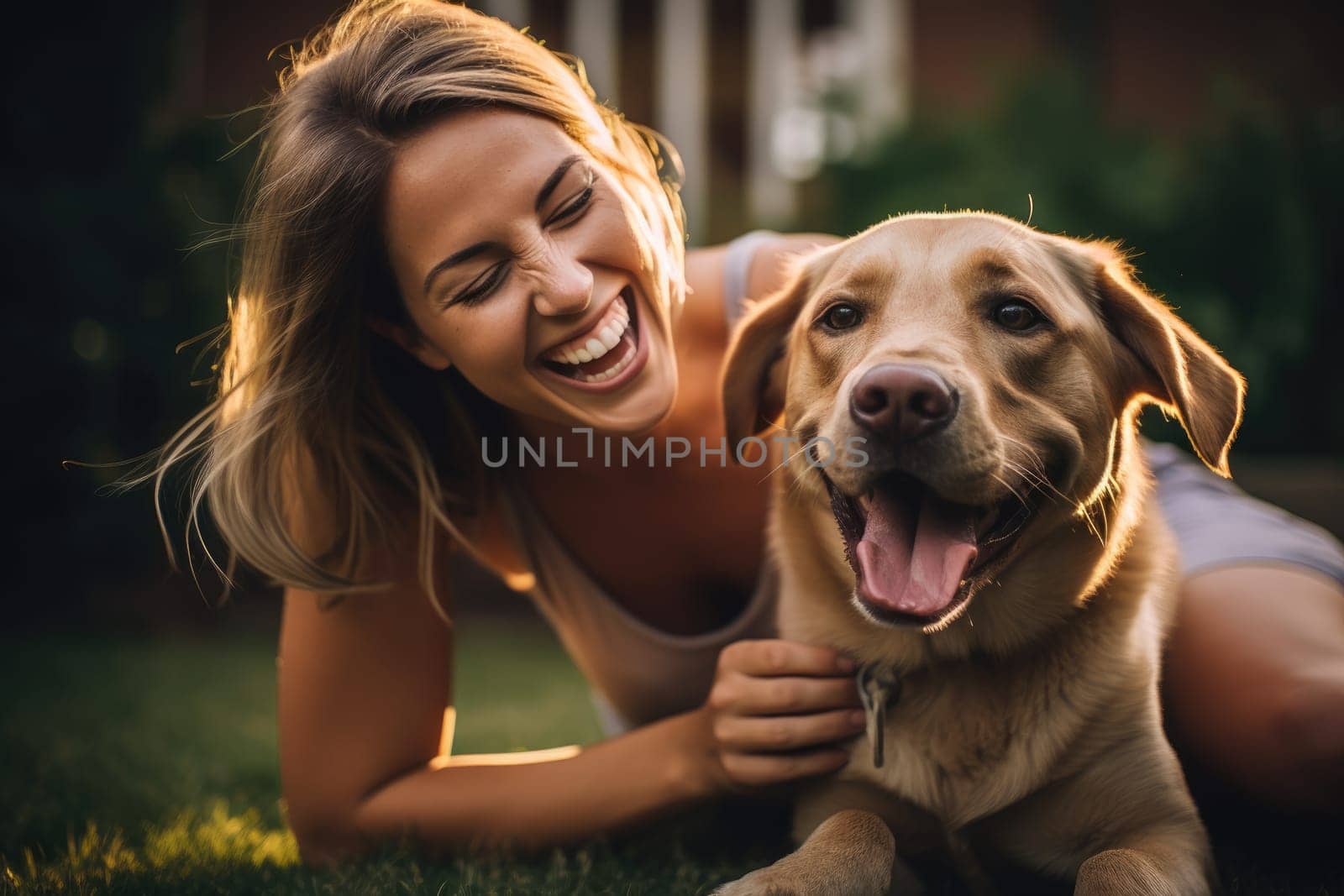 happy caucasian woman holding her puppy in the backyard of the hous, AI Generated by Desperada