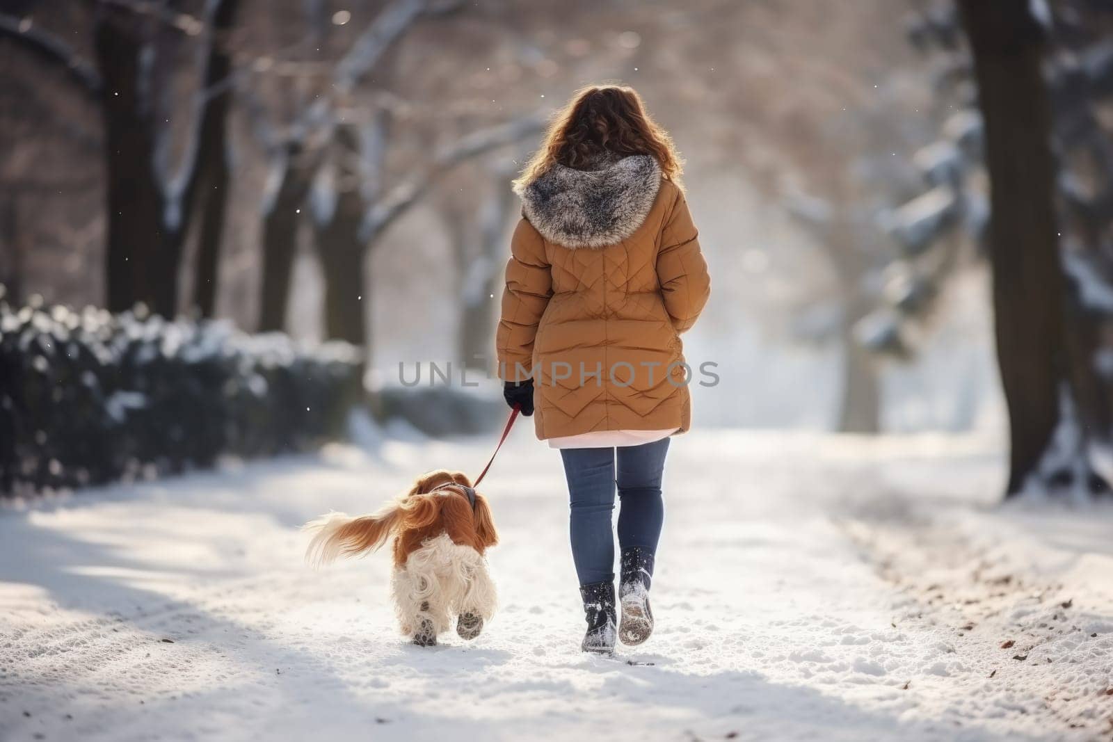 young woman walking her dog in the park in snowy winter day, rear view, AI Generated