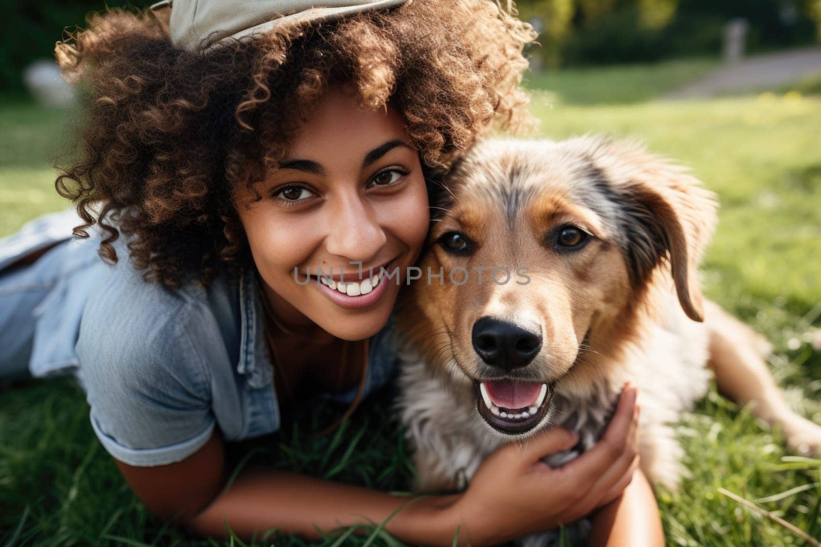 Lifestyle portrait. laughing woman and her dog lying on the drass together, top view, AI Generated