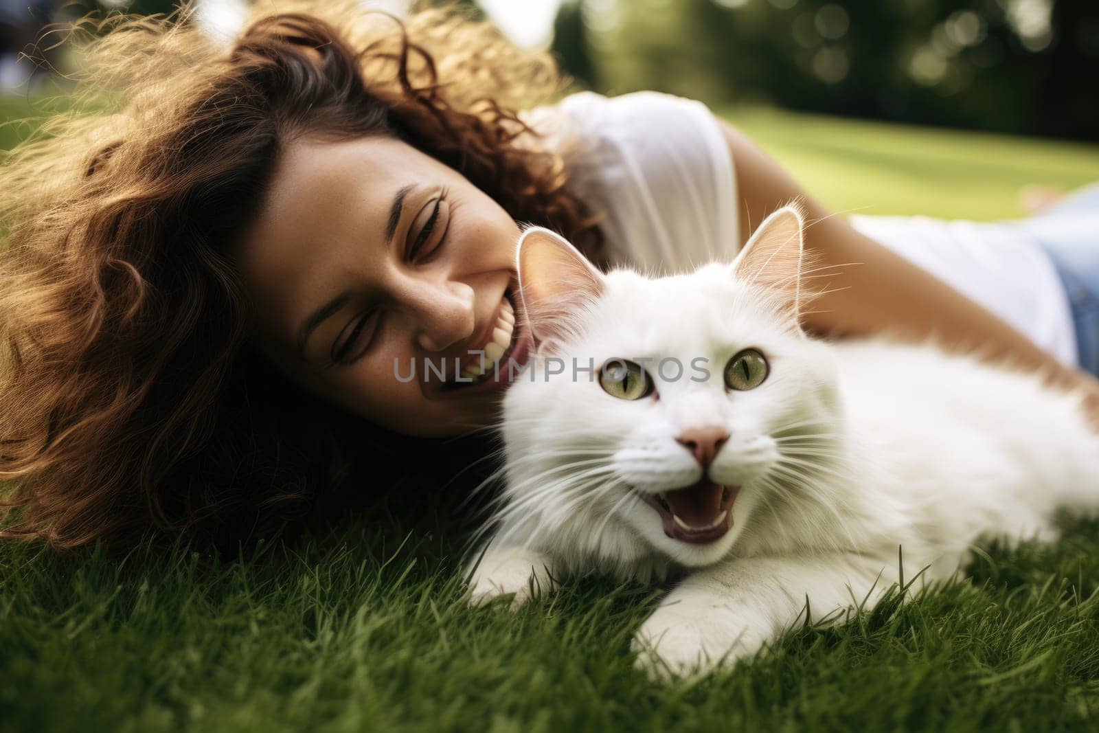 laughing woman and her cat lying on the drass together, top view, AI Generated by Desperada