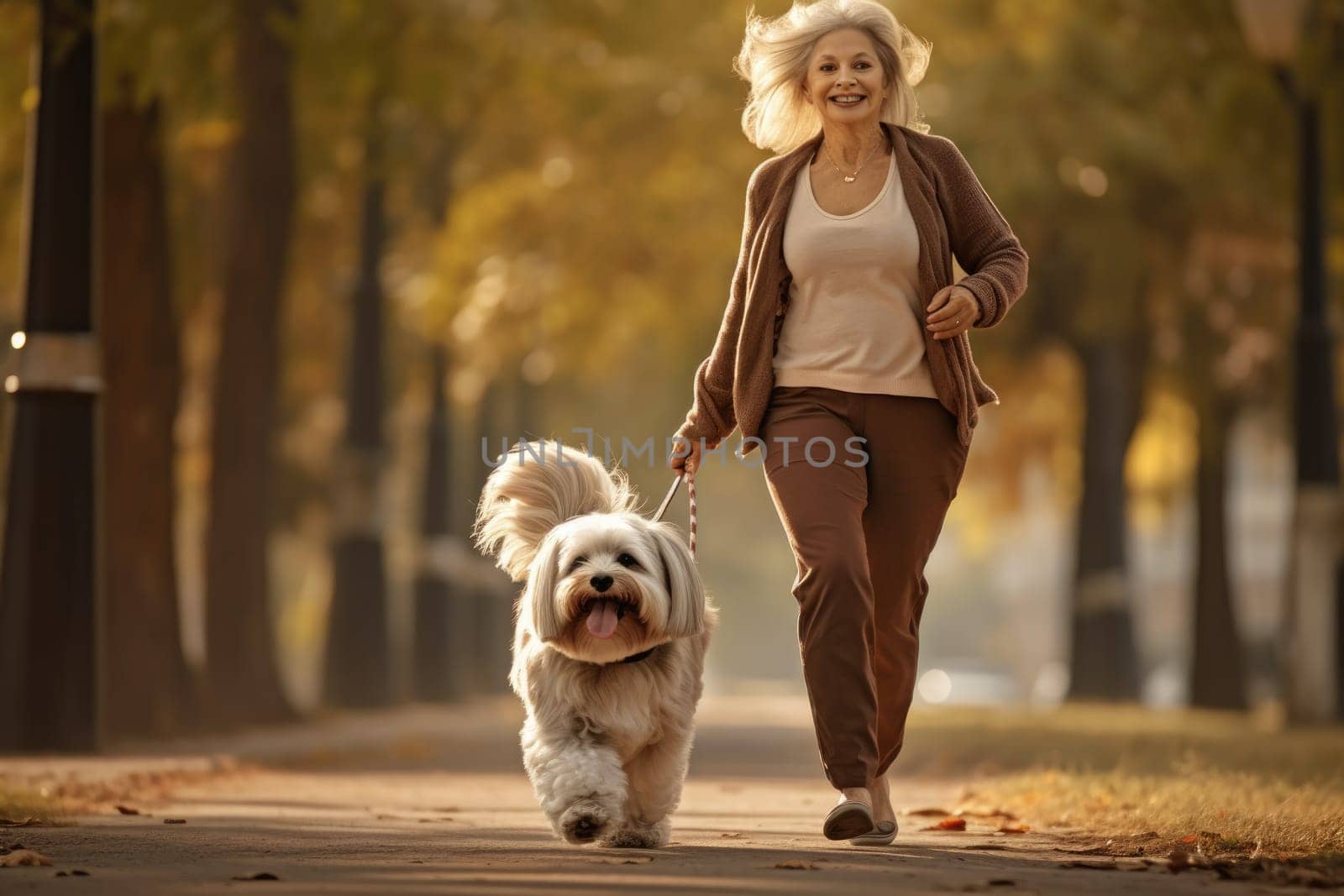 old sportive woman in her 60s walking her dog in the park in autumn day, sun shines, AI Generated