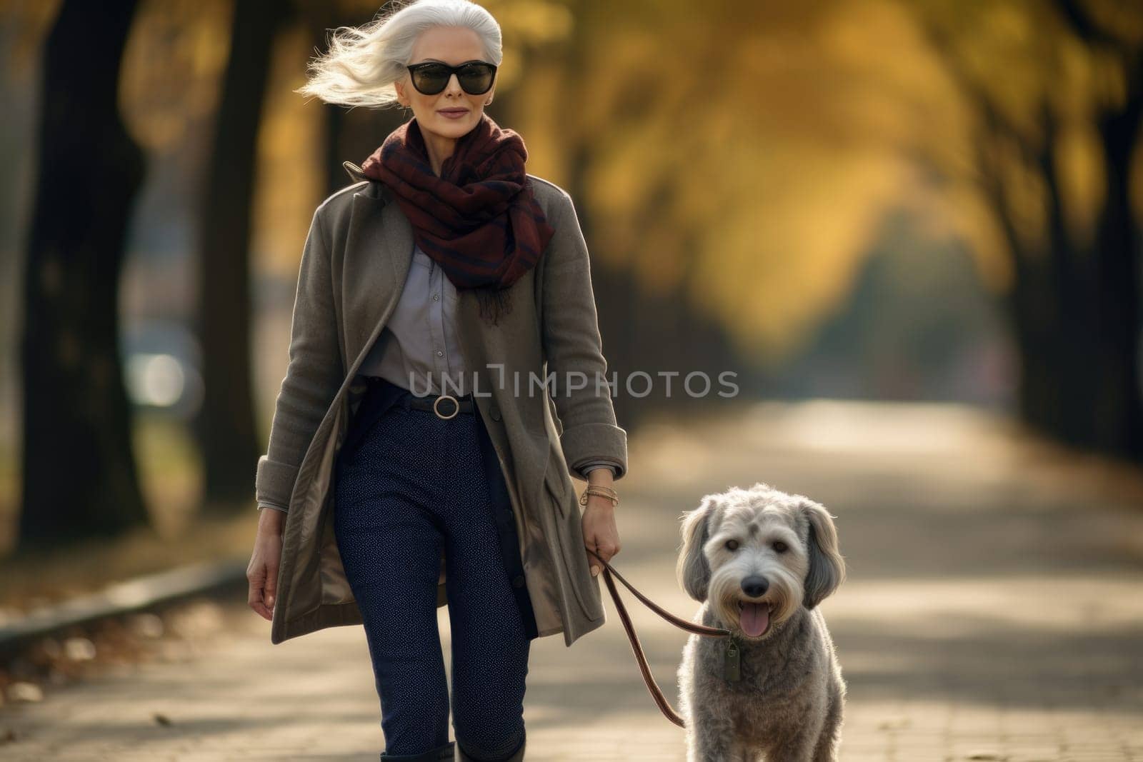 old sportive woman in her 60s walking her dog in the park in autumn day, sun shines, AI Generated