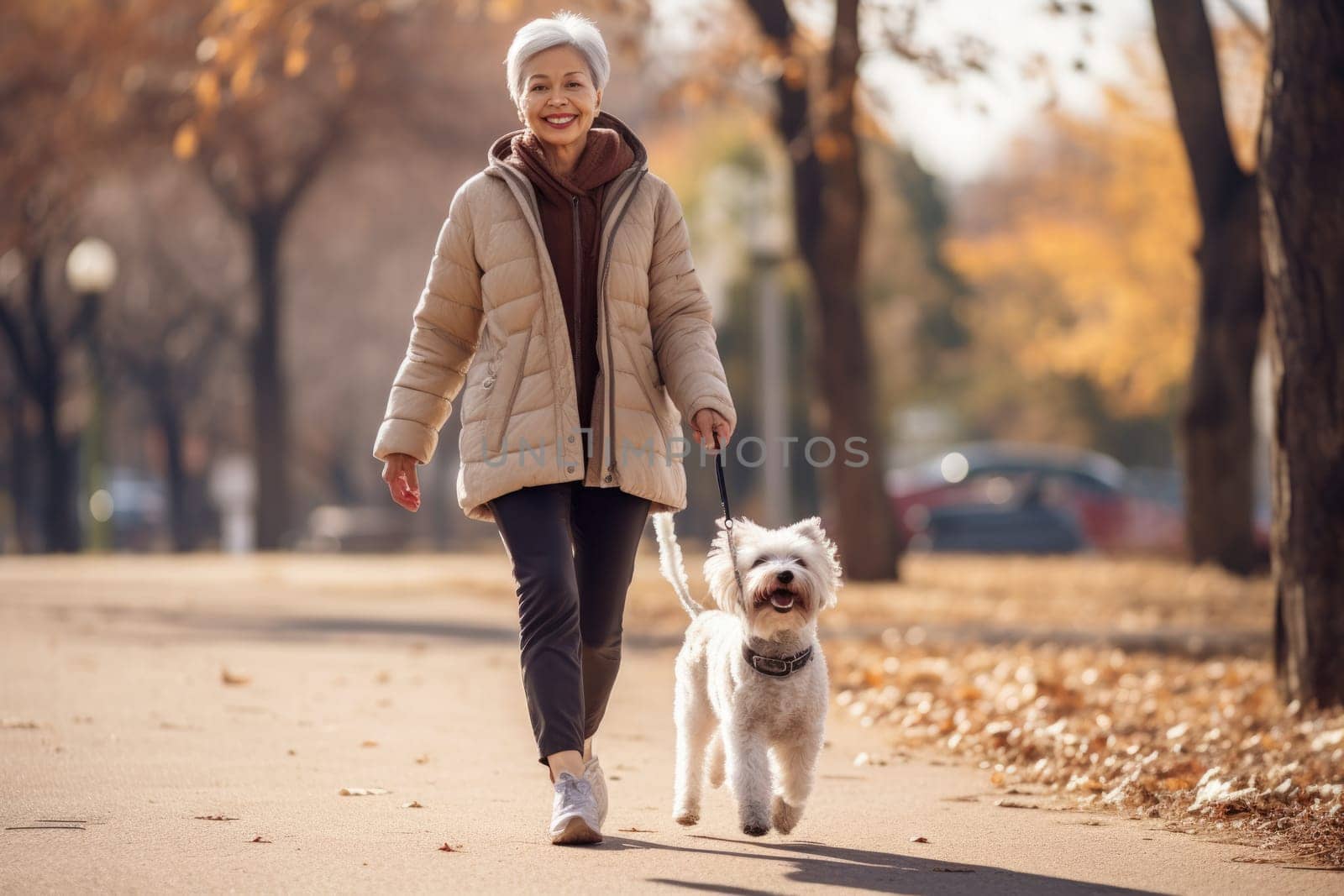 old sportive woman in her 60s walking her dog in the park in autumn day, sun shines, AI Generated