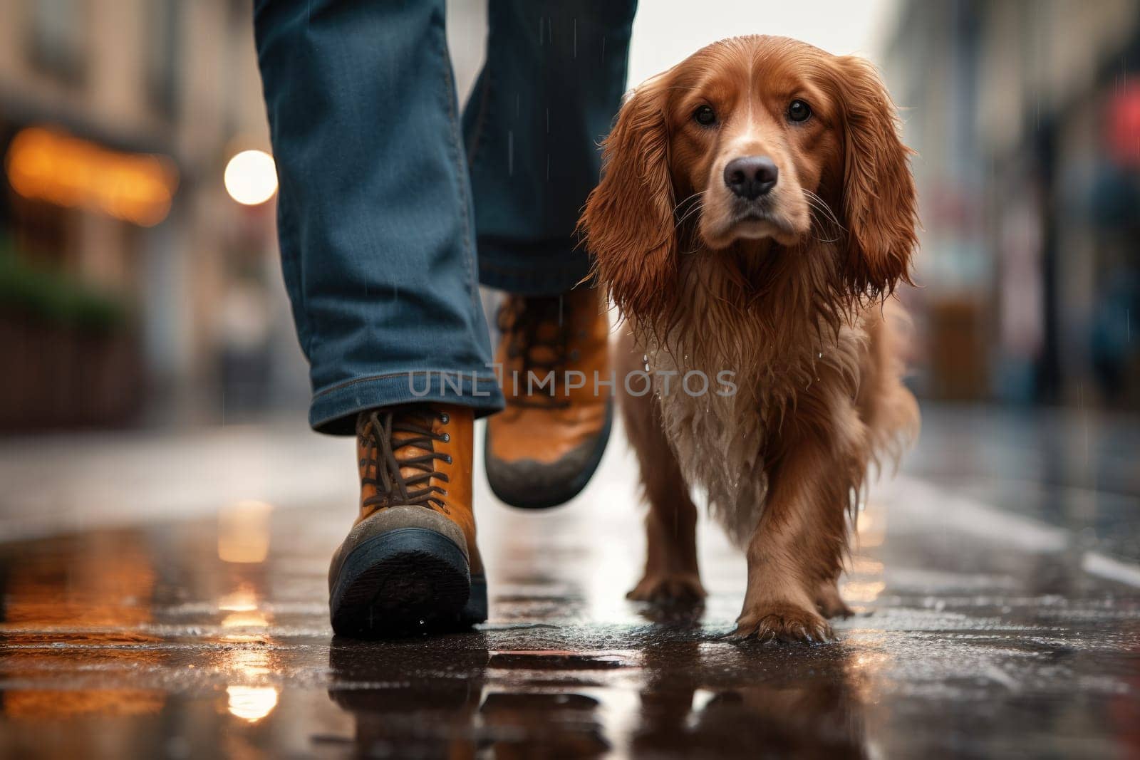 Pet care. dog walking with unrecognizable owner in city street crosswalk in rainy day , AI Generated