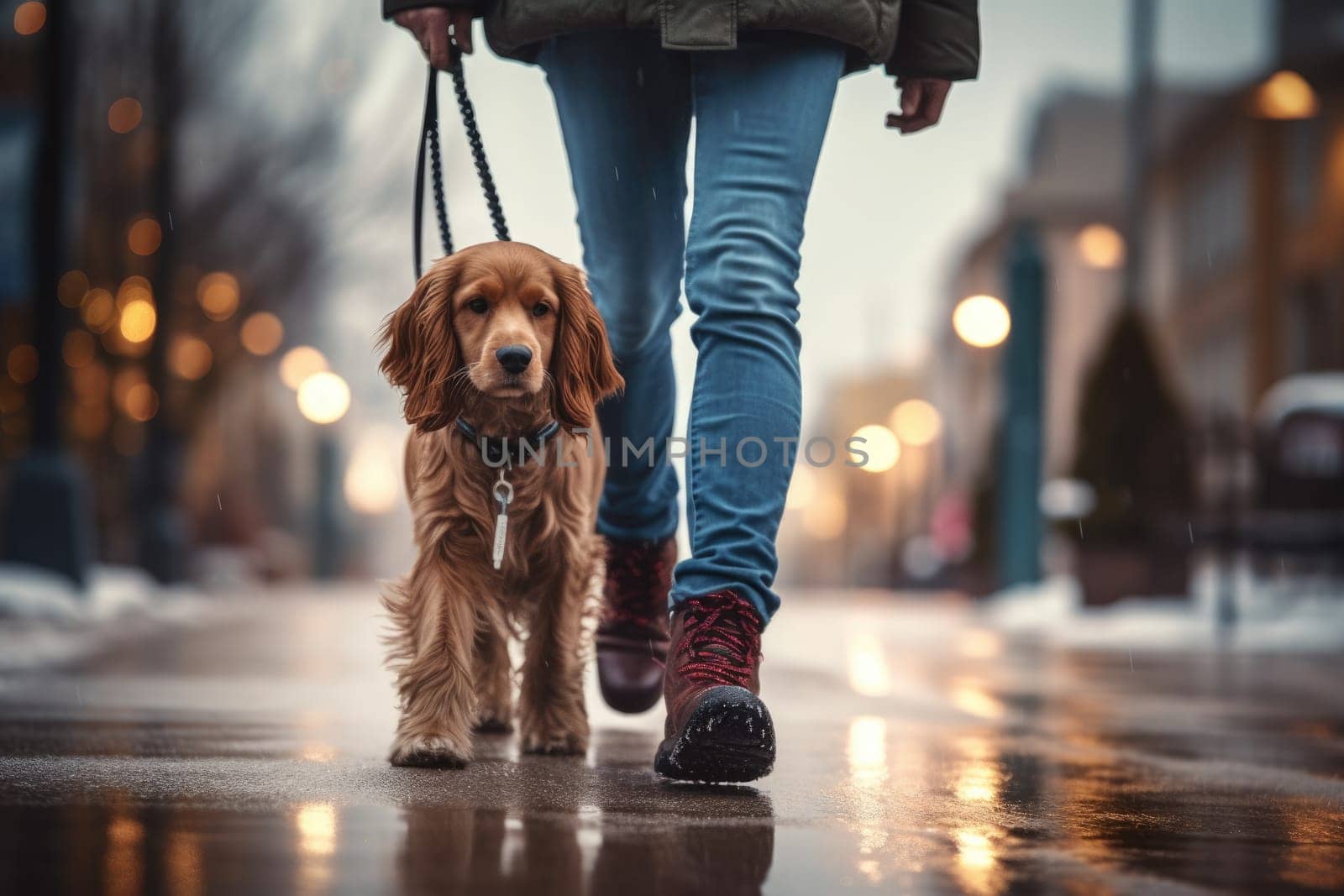 Pet care. dog walking with unrecognizable owner in city street crosswalk in rainy day , AI Generated